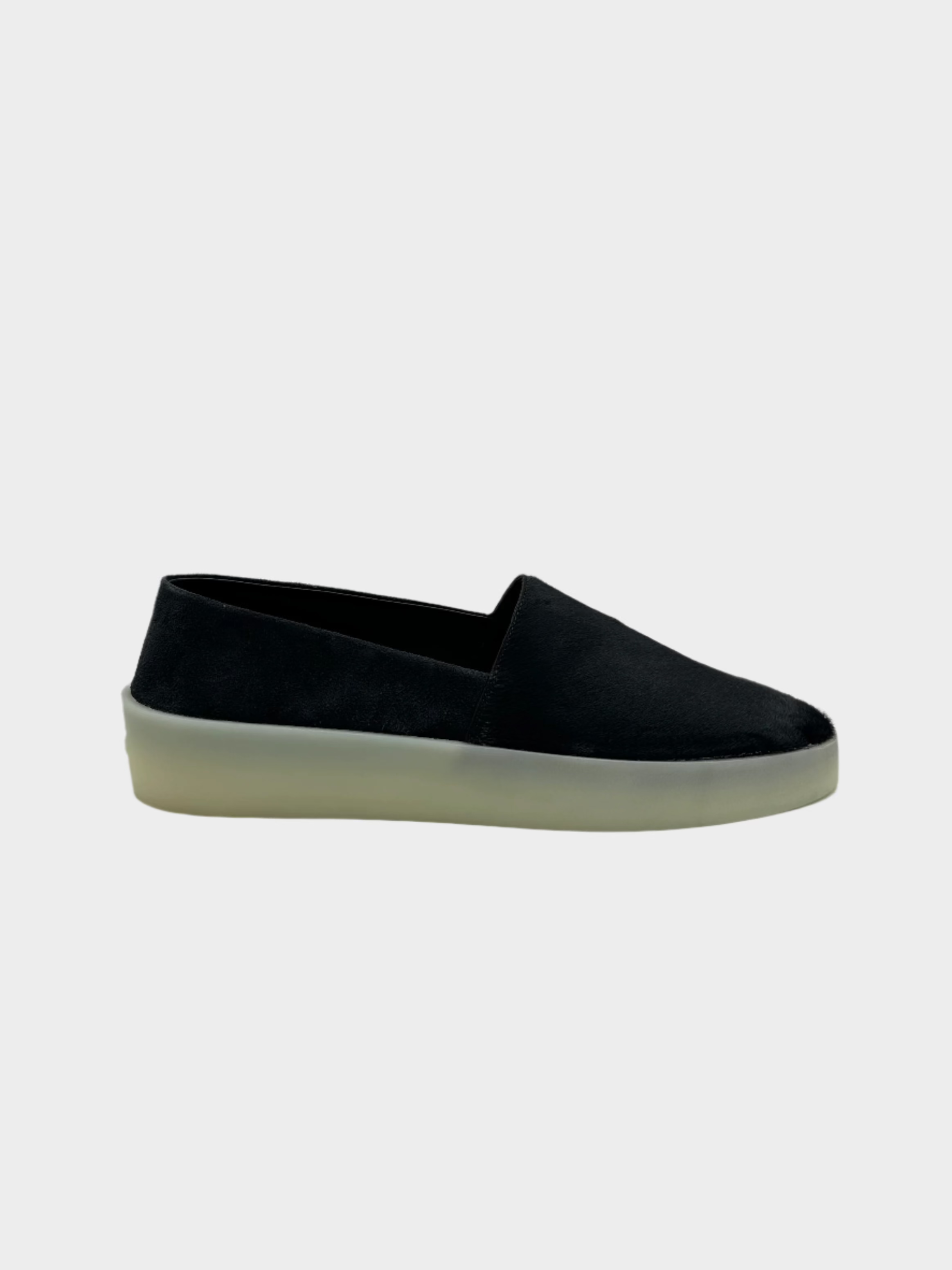 Fear of God, espadrillas nere, scarpe estive, cavallino, suede, slip-on, suola in corda

