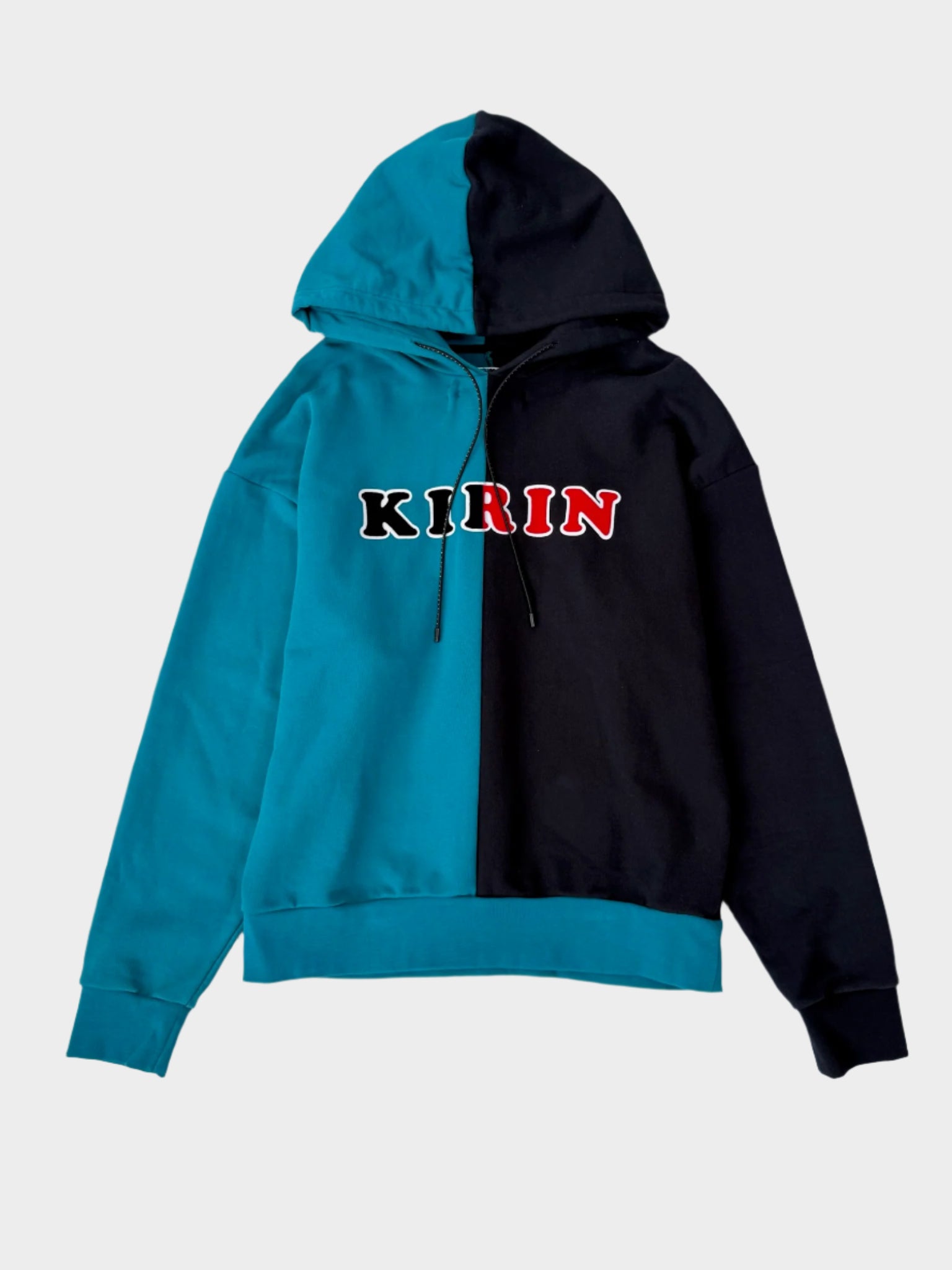  Felpa bicolore KIRIN verde petrolio e nera con cappuccio e logo ricamato vista frontale