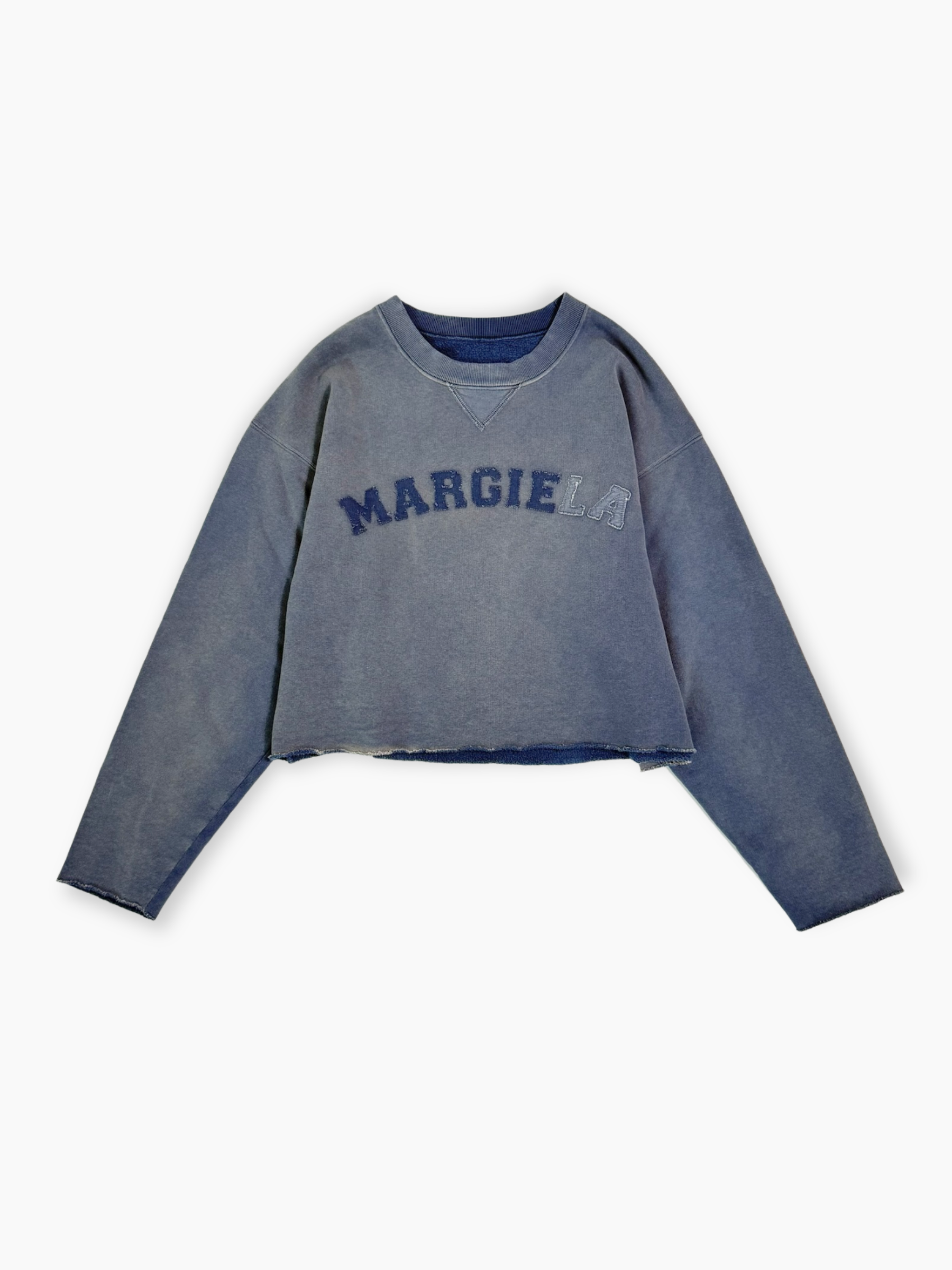 Felpa blu Maison Margiela con logo ricamato e fondo sfrangiato