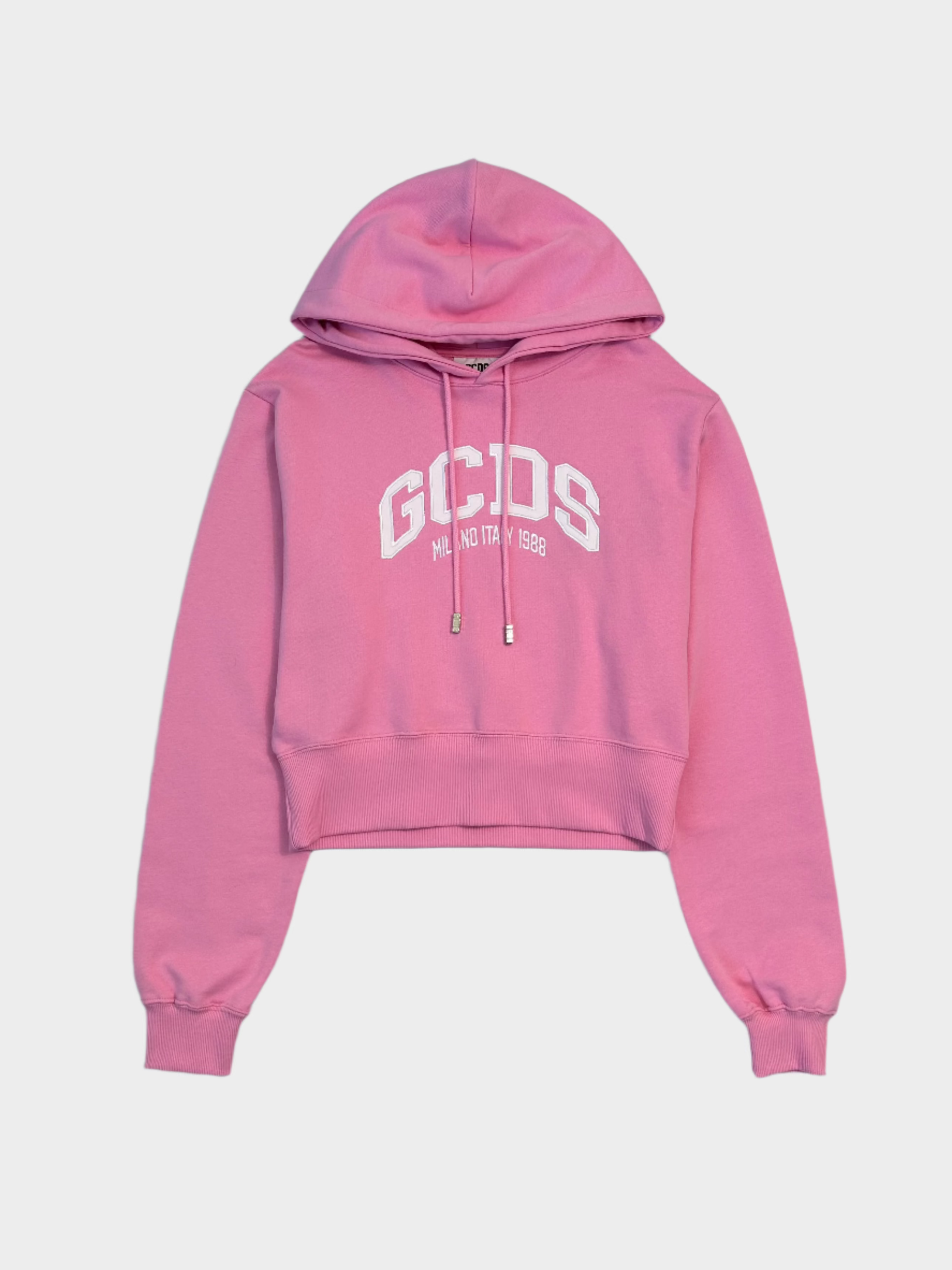 felpa rosa GCDS, felpa crop cappuccio, felpa logo lounge, streetwear donna, felpa corta cotone

