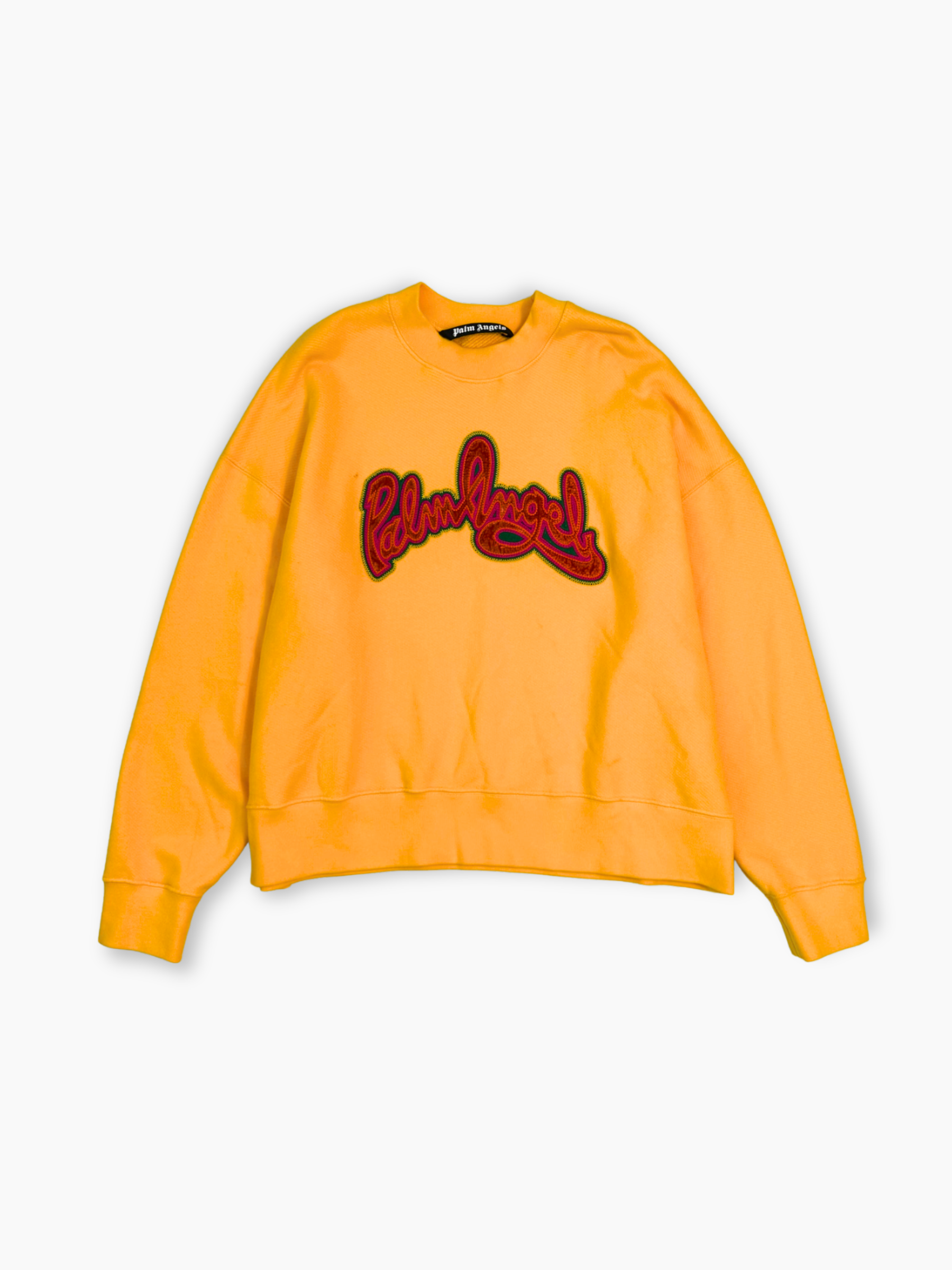 Felpa gialla Palm Angels con maxi logo rosso ricamato sul petto