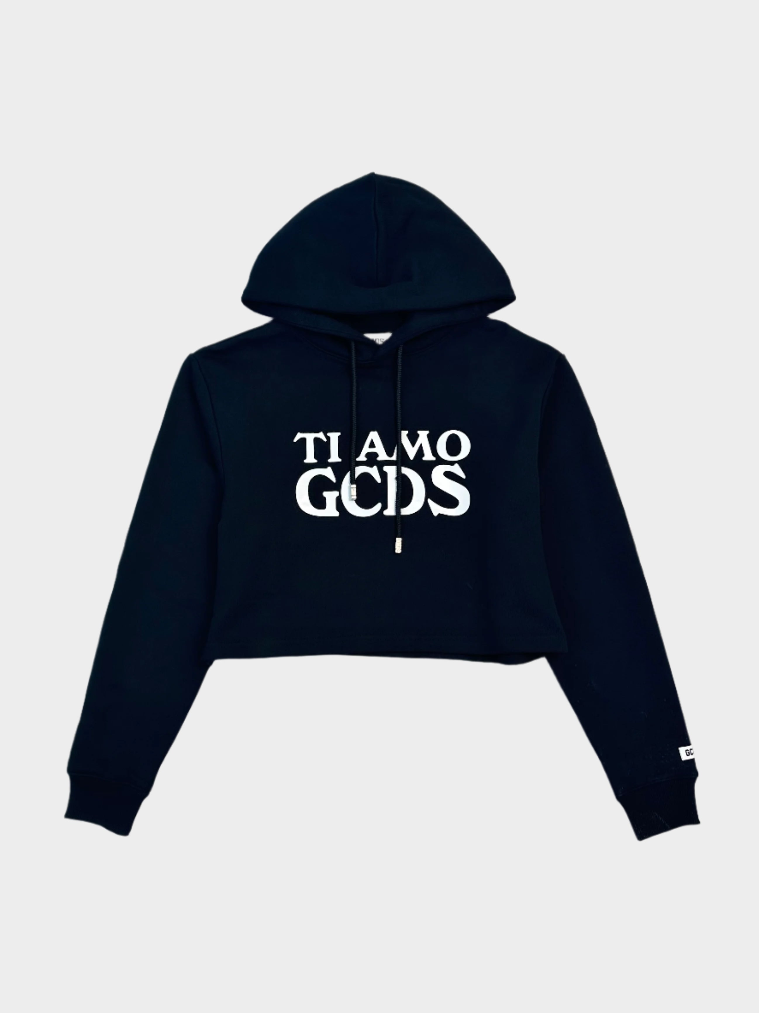 felpa cropped GCDS, felpa "Ti Amo" nera, felpa con cappuccio GCDS, felpa corta donna, streetwear GCDS