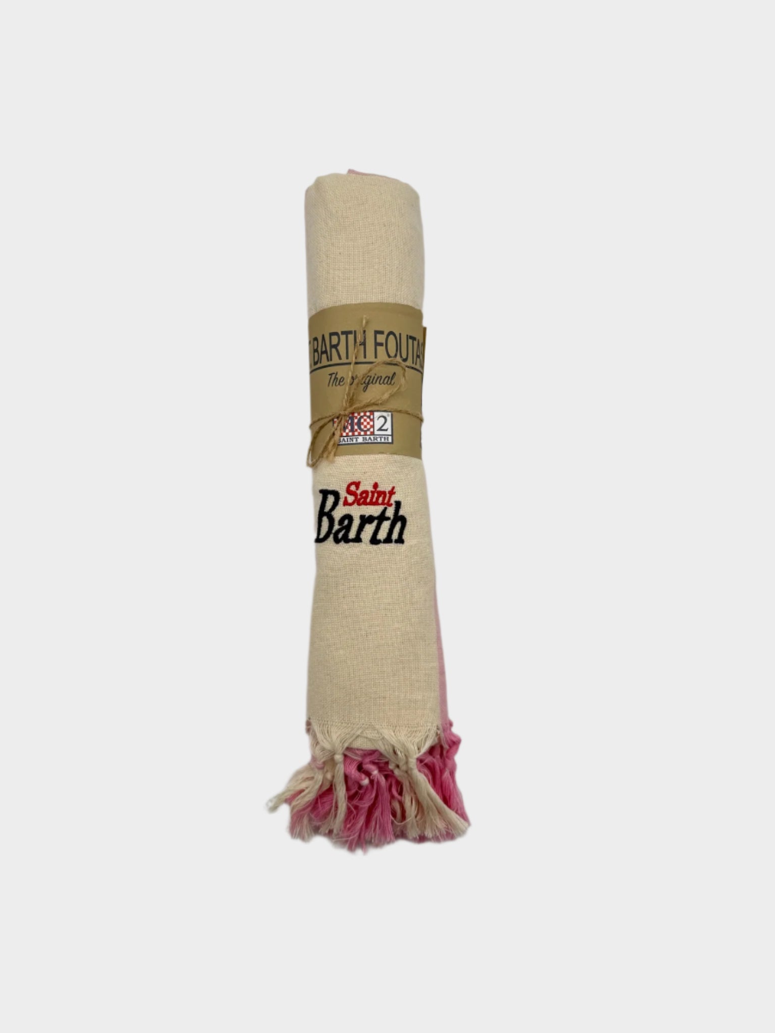 Fouta Saint Barth rosa e écru arrotolata vista frontale