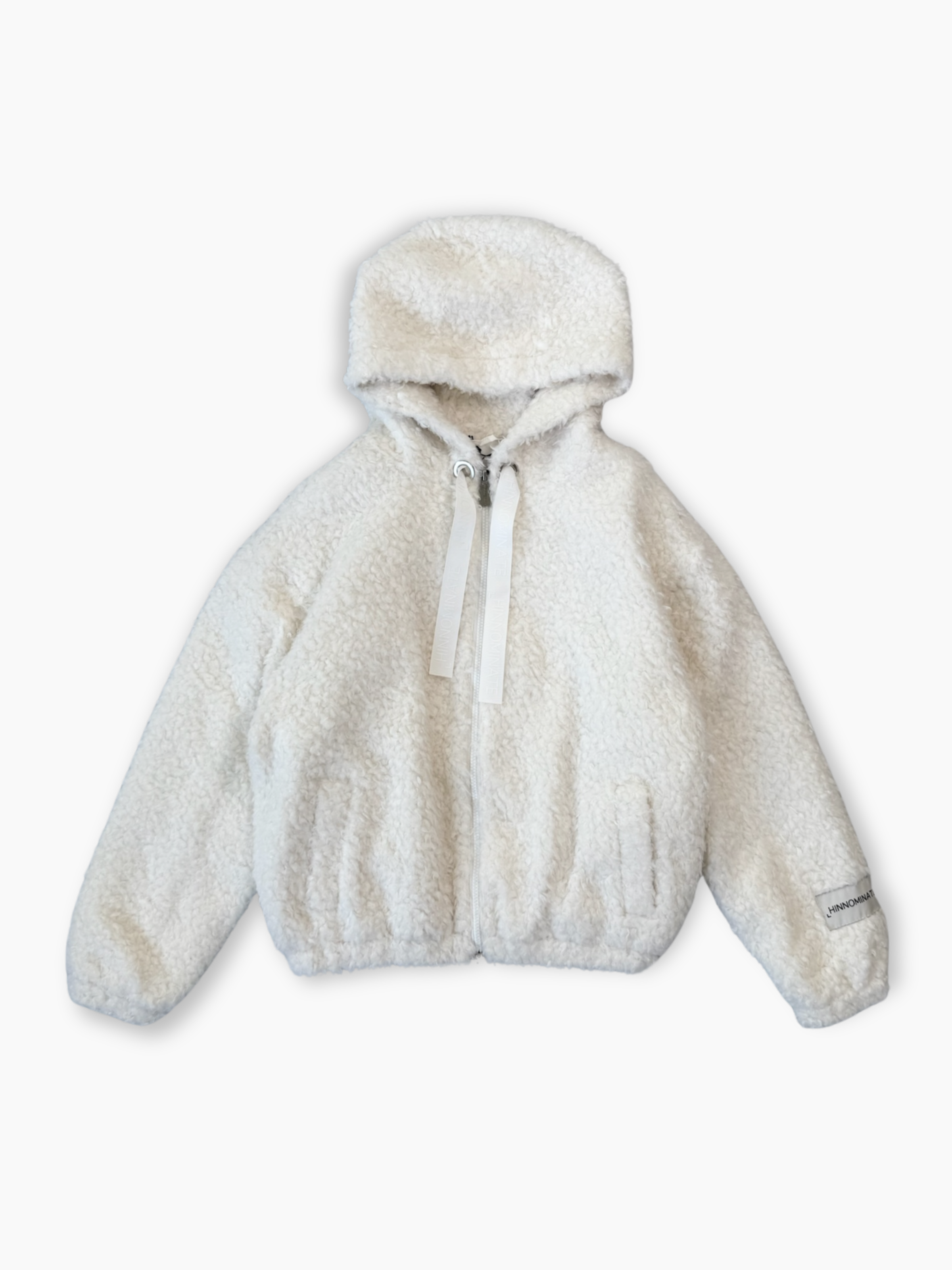 Giacca bianca Hinnominate in tessuto teddy con cappuccio e zip vista frontale