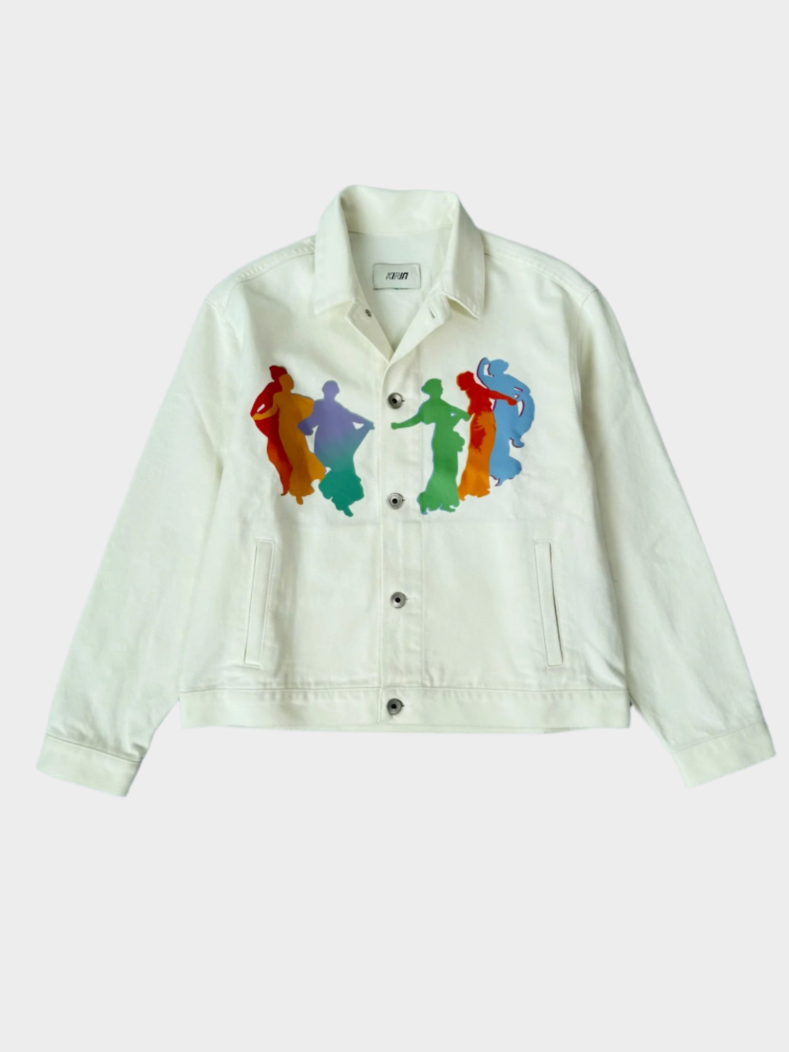 Giacca overshirt KIRIN in denim bianco con stampa Muses multicolor vista frontale
