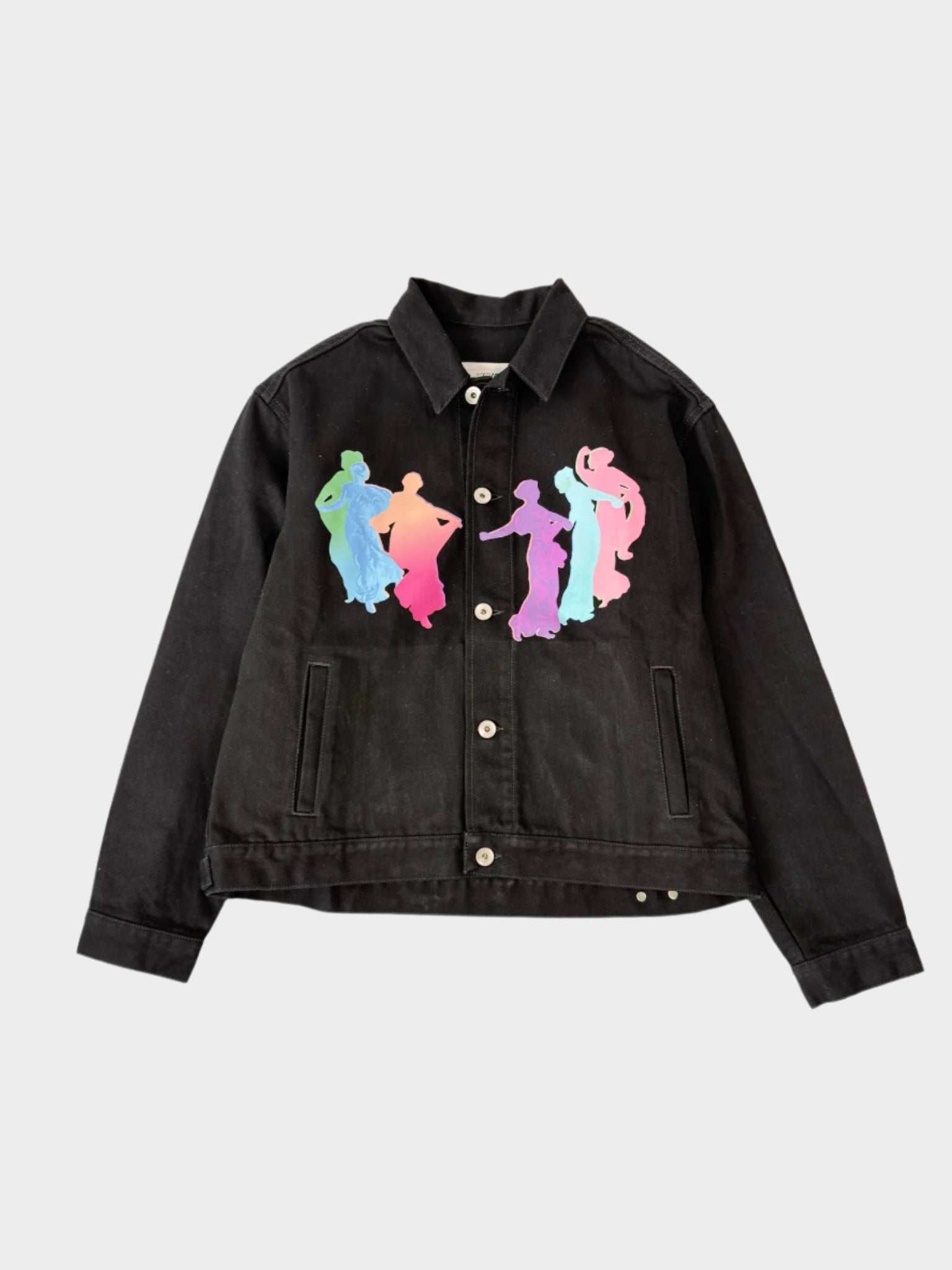 Giacca overshirt KIRIN in denim nero con stampa Muses multicolor vista frontale