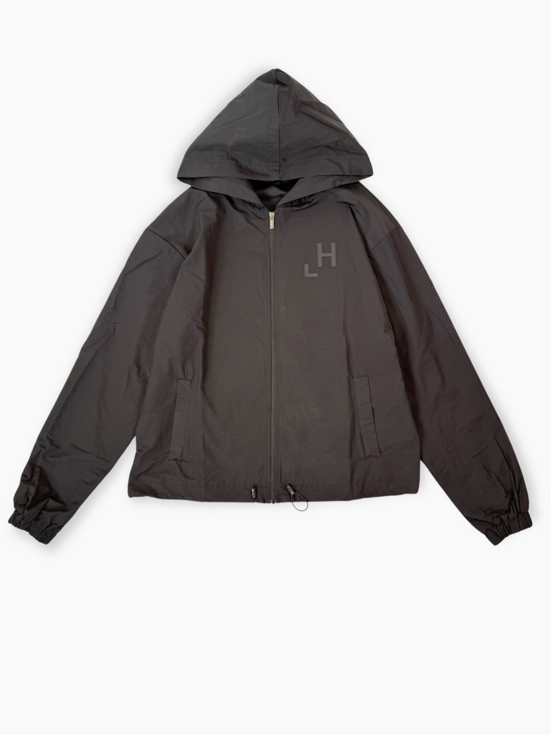 Giacca nera Hinnominate in nylon con cappuccio e stampa tono su tono