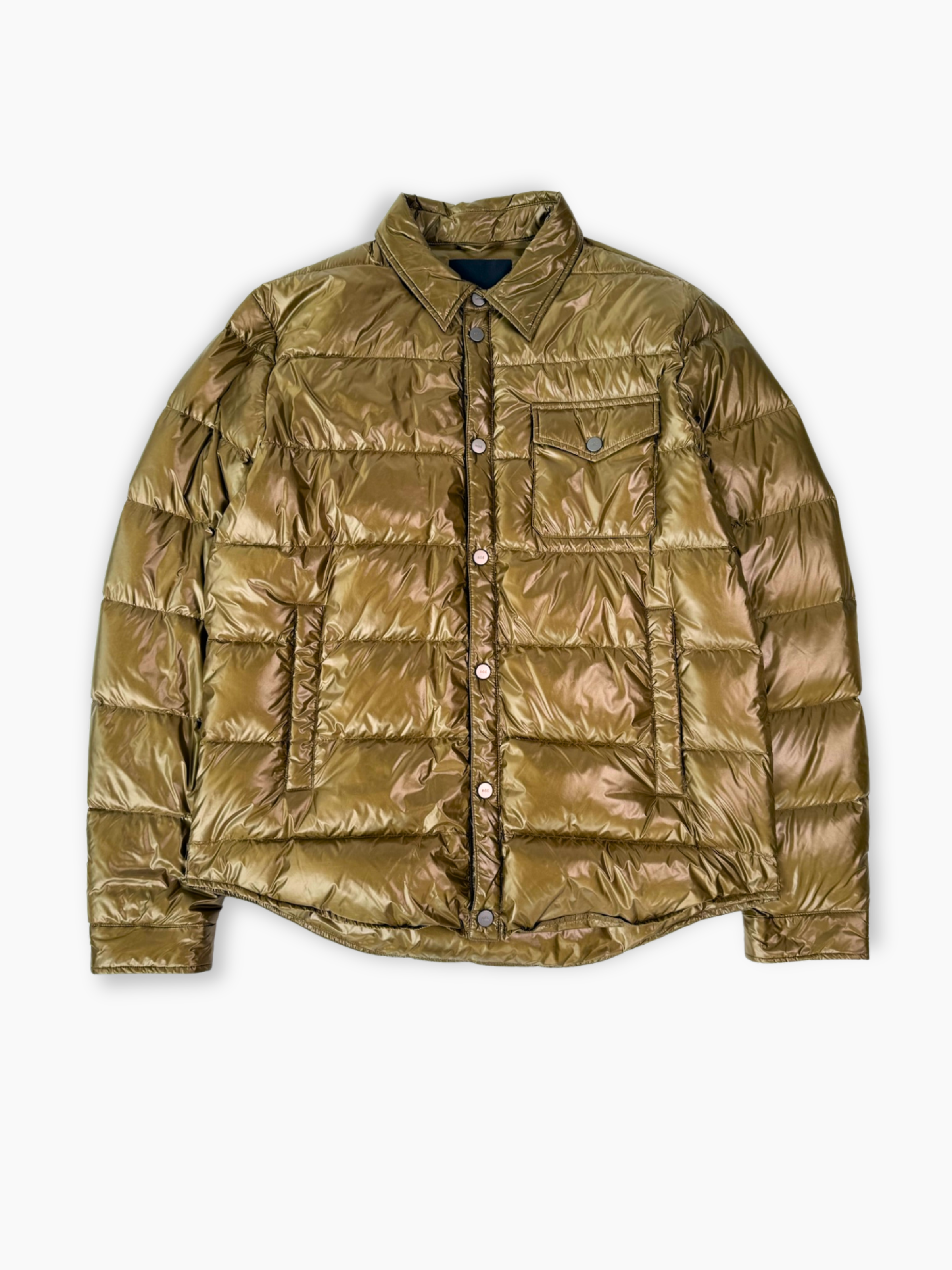 Giacca piumino verde militare ADD con colletto a camicia e bottoni a pressione vista frontale