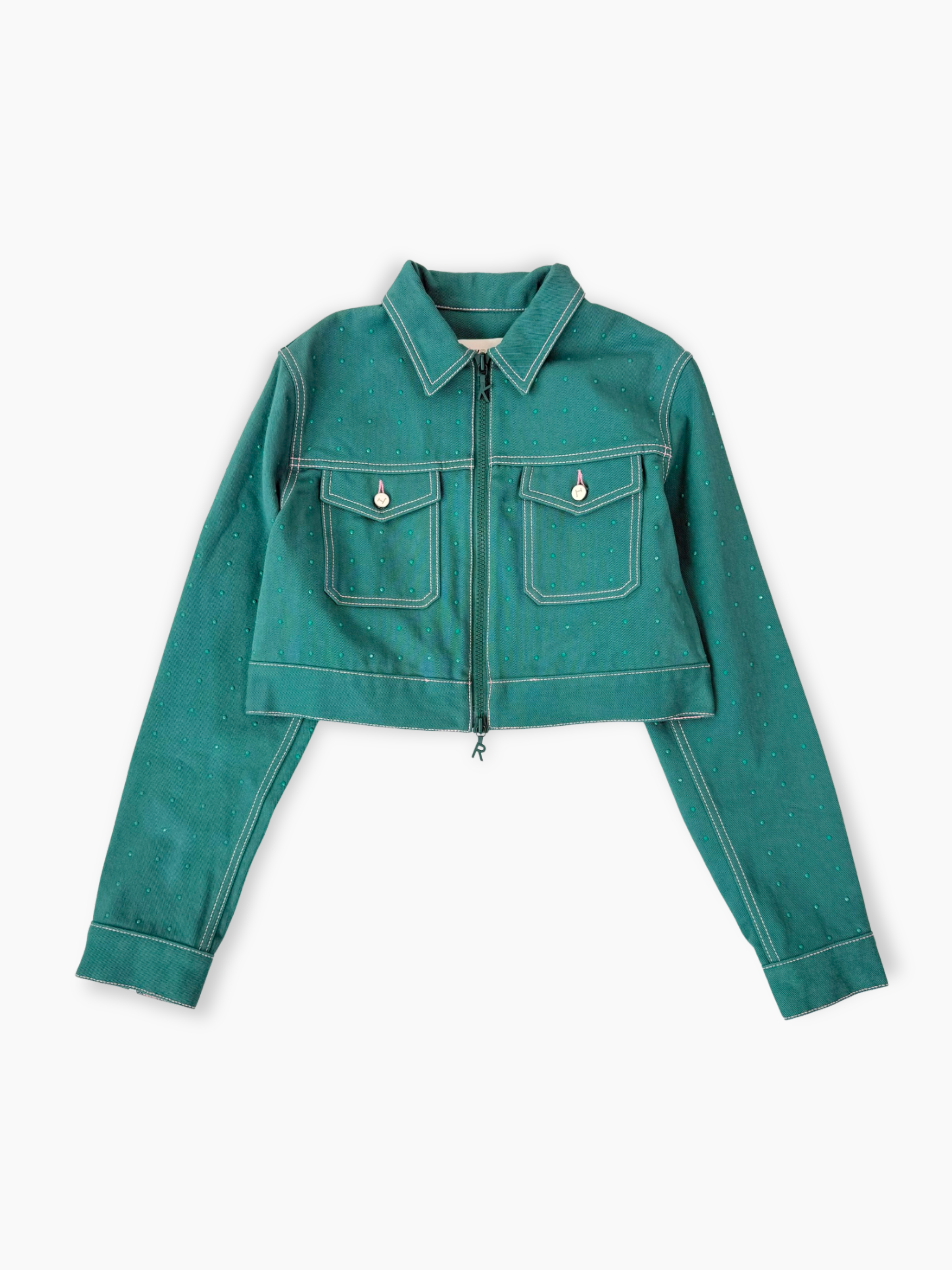 Giacca cropped Kirin in denim verde petrolio vista frontale