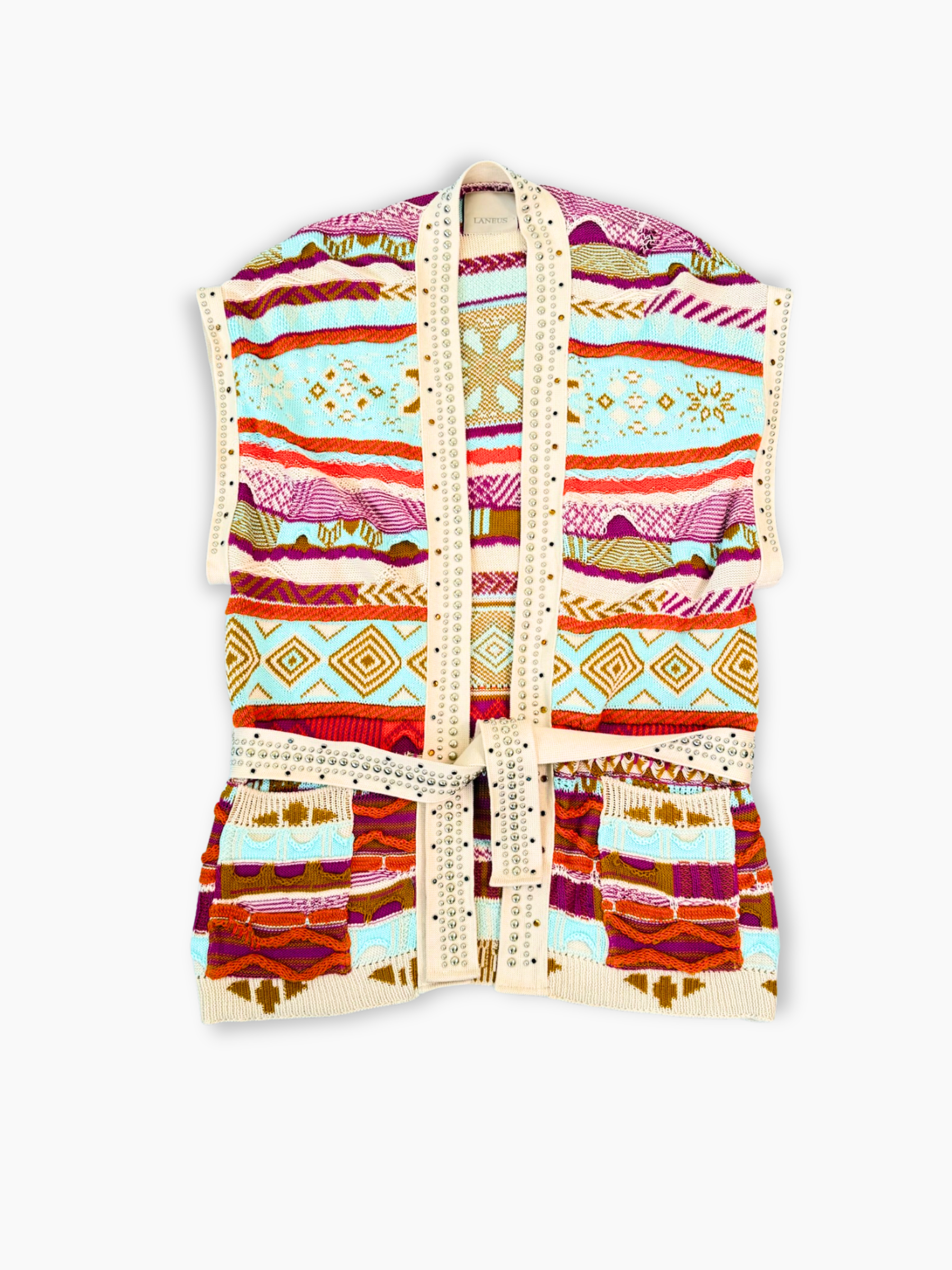 Gilet multicolor Laneus in maglia jacquard con borchie e cintura abbinata