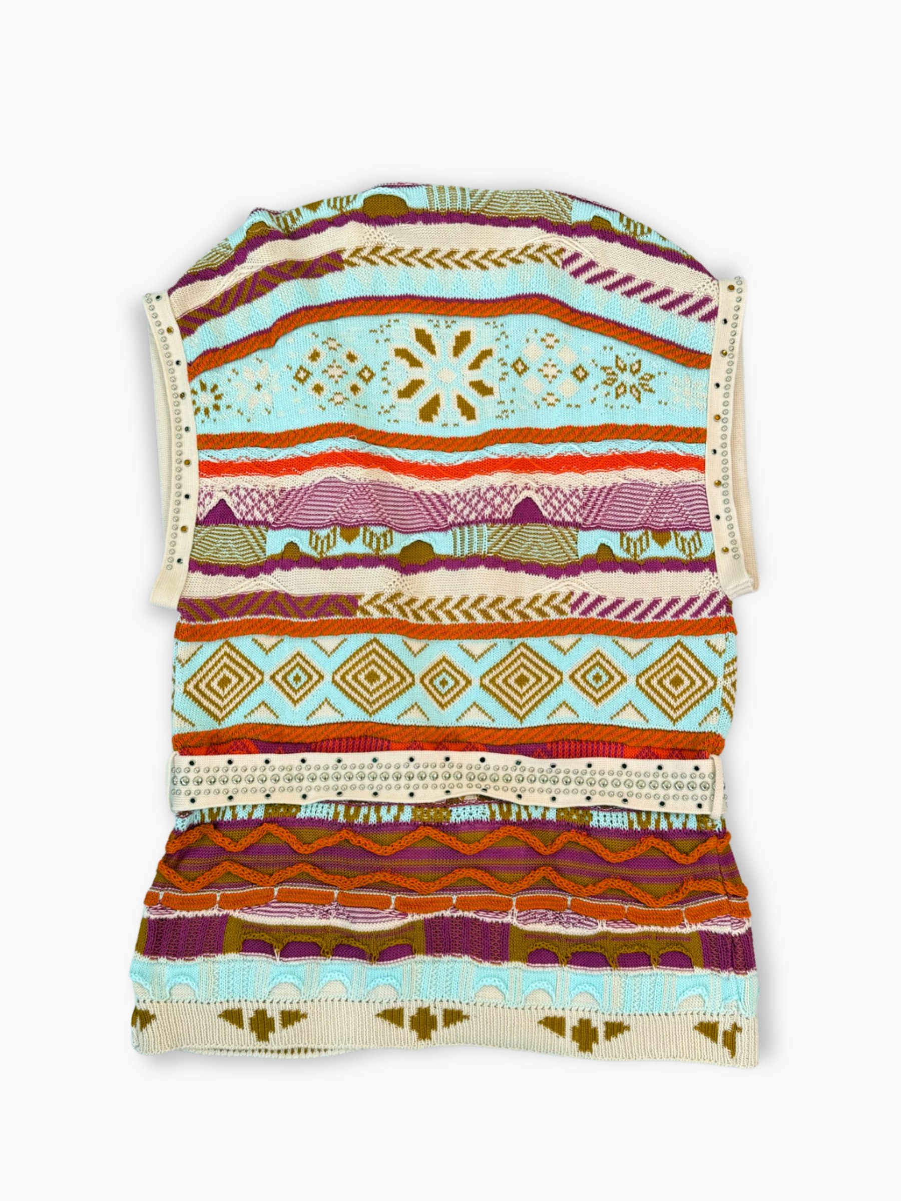 Gilet multicolor Laneus in maglia jacquard con borchie e cintura abbinata