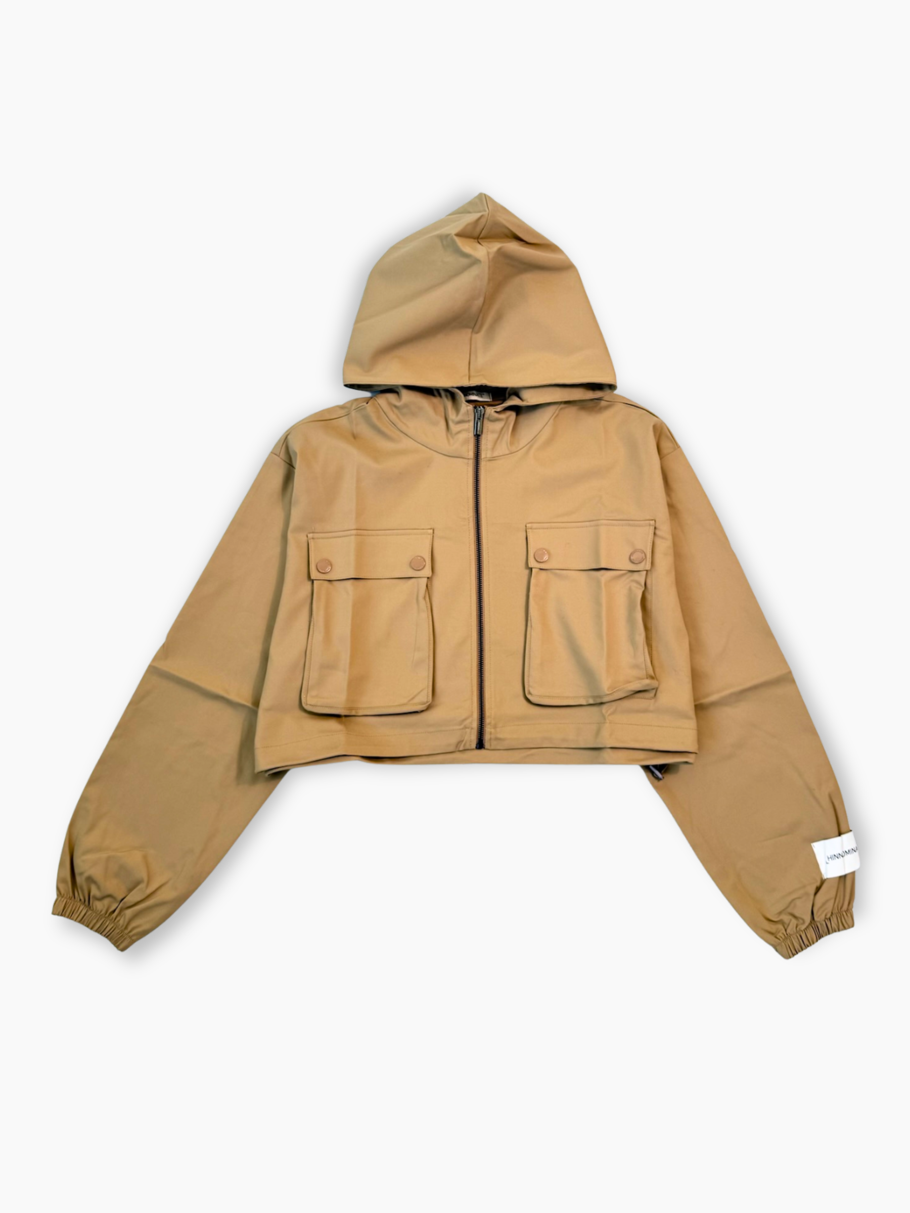 Giubbino corto tortora Hinnominate con cappuccio, tasche frontali e zip
