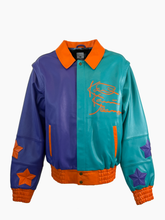 Giubbotto in pelle multicolor con stelle applicate e firma Kenny Jeans vista frontale