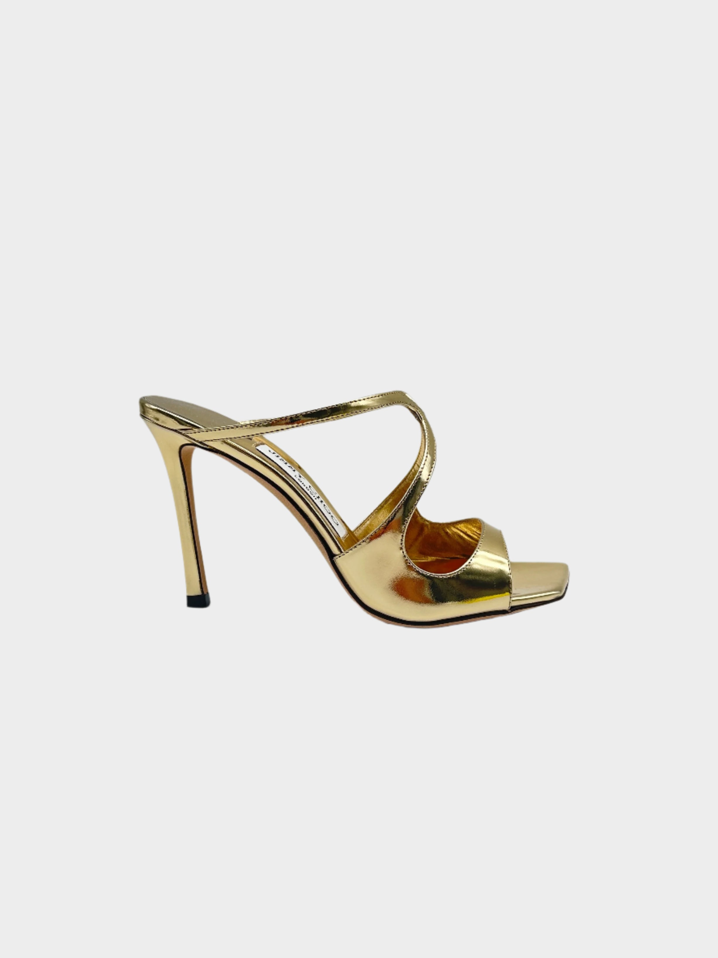 Gold Liquid Metal Leather Mules con punta squadrata, effetto metallo liquido e tacco a stiletto da 9 cm.