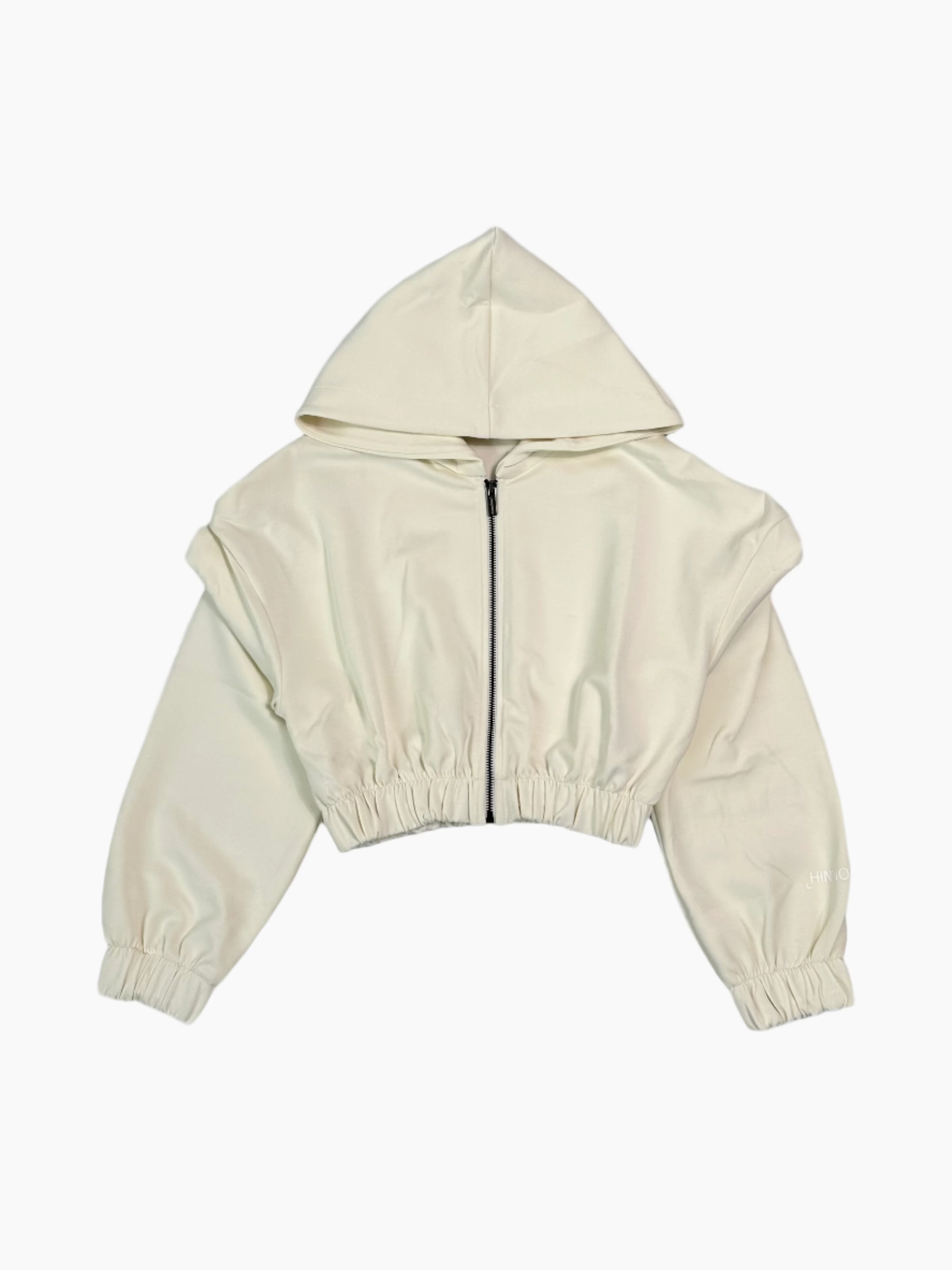 Vista frontale della felpa corta Hinnominate off white con zip e cappuccio