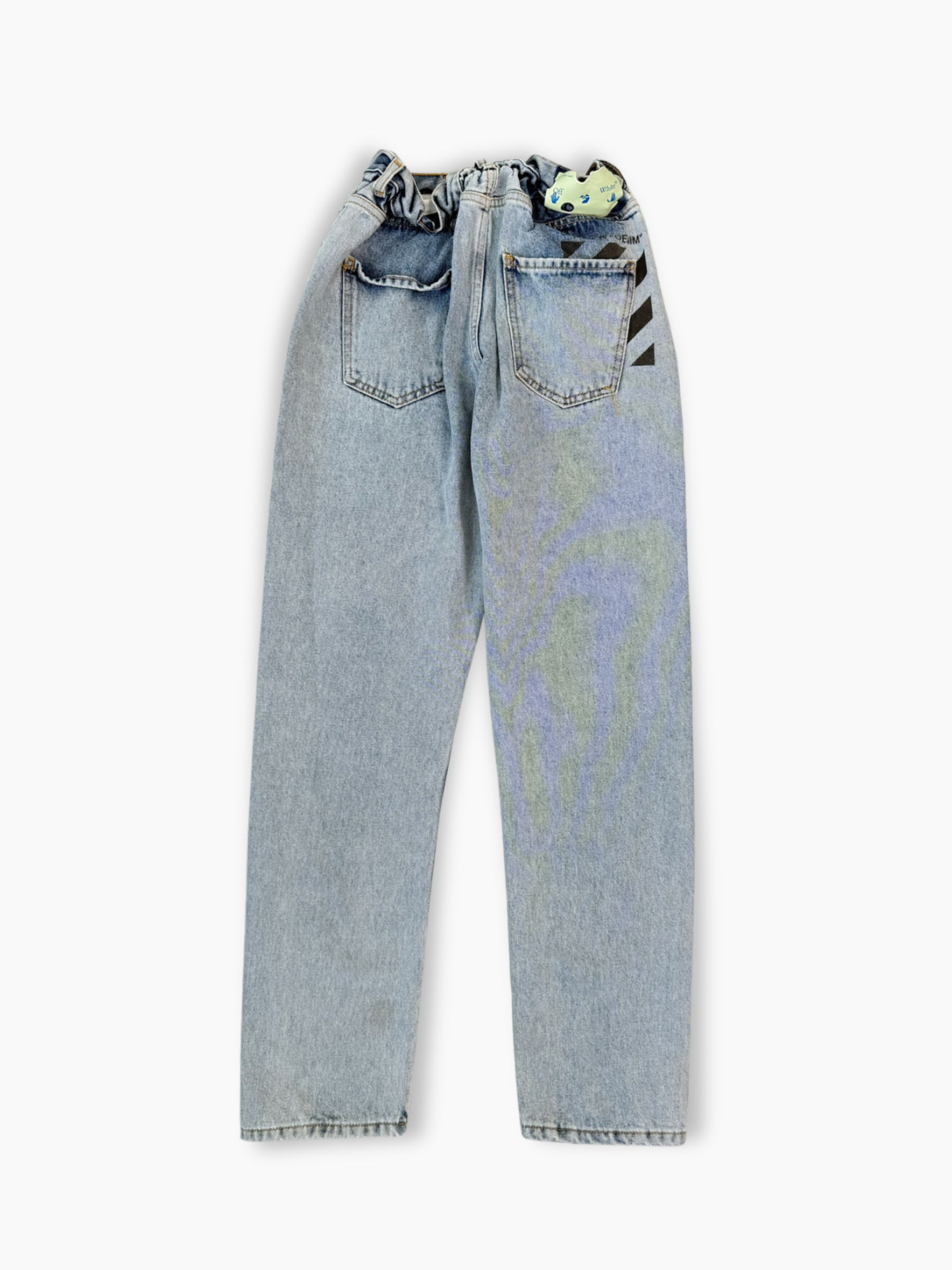 Jeans azzurri Off-White con vita arricciata e stampa nera sul retro