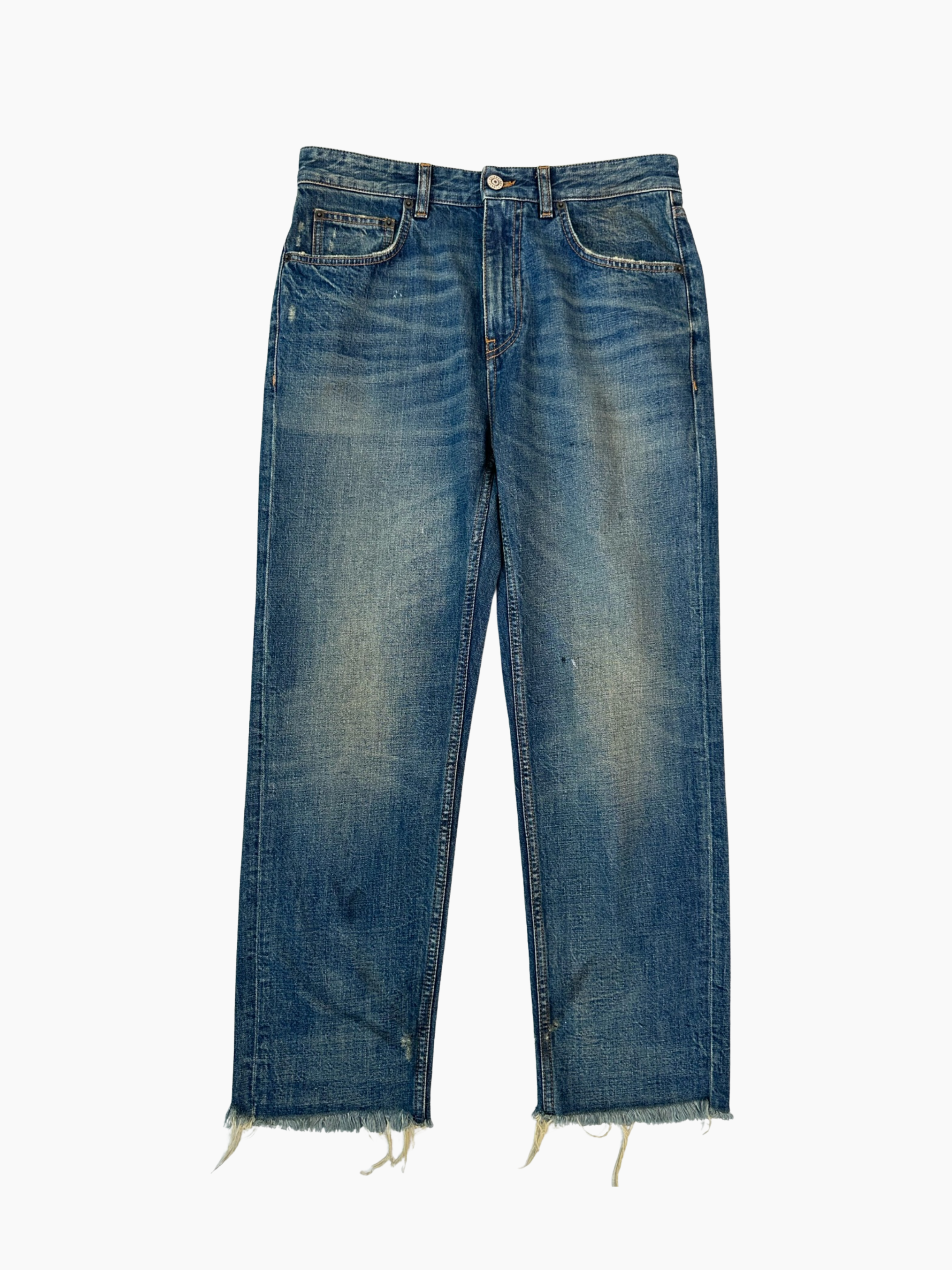 Jeans Balenciaga in denim blu vintage con gamba dritta e fondo sfrangiato