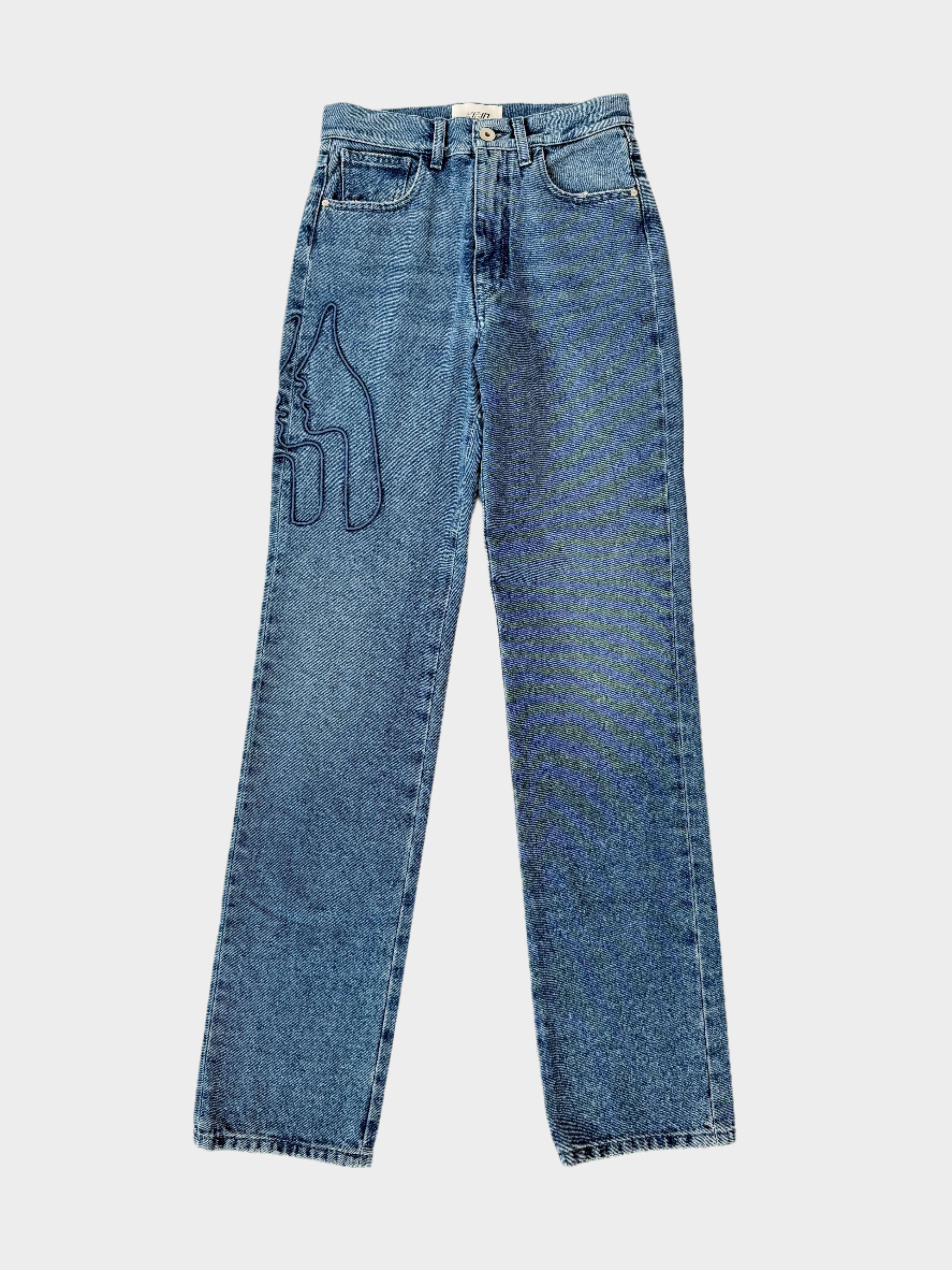 Jeans blu KIRIN Peggy Gou con ricamo Triple Faces sul fianco vista frontale