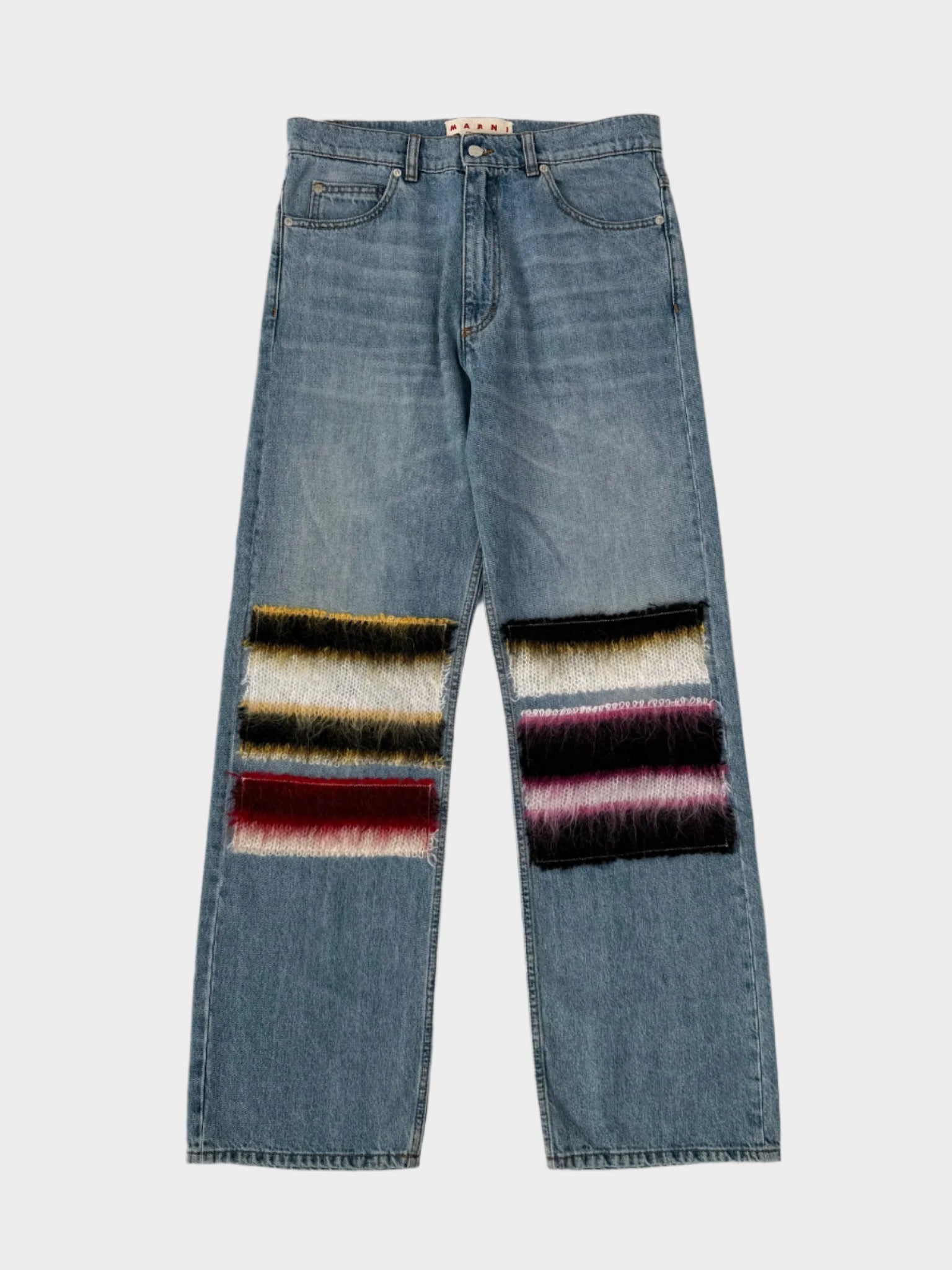 Jeans Marni in denim con inserti in maglia colorata sulle gambe vista frontale