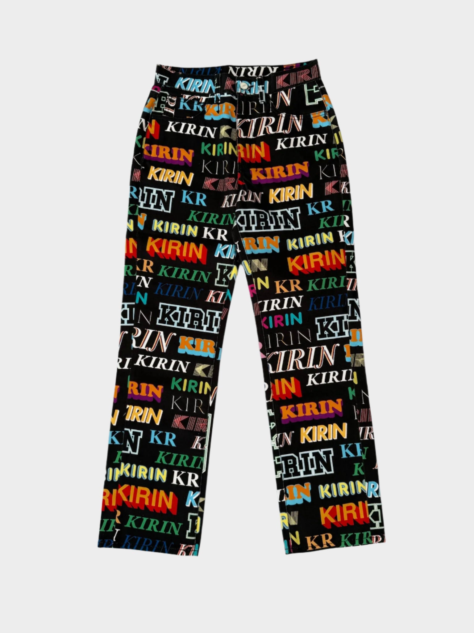 Jeans neri a gamba larga con stampa multicolor del logo Kirin Peggy Gou, vista frontale


