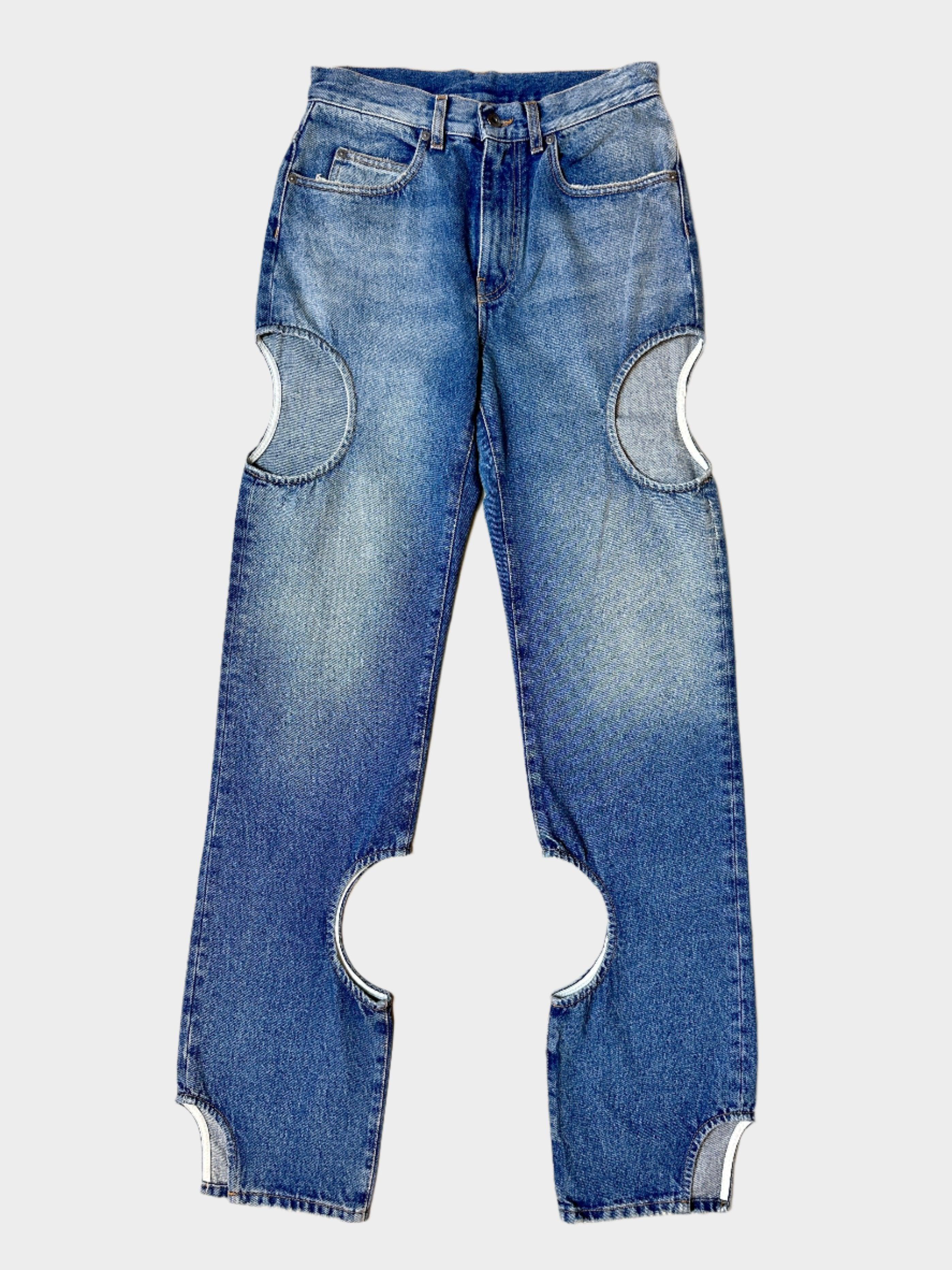 jeans Off-White, cut-out meteora, denim vintage blu, jeans particolari, jeans uomo streetwear, jeans con aperture, made in Italy

