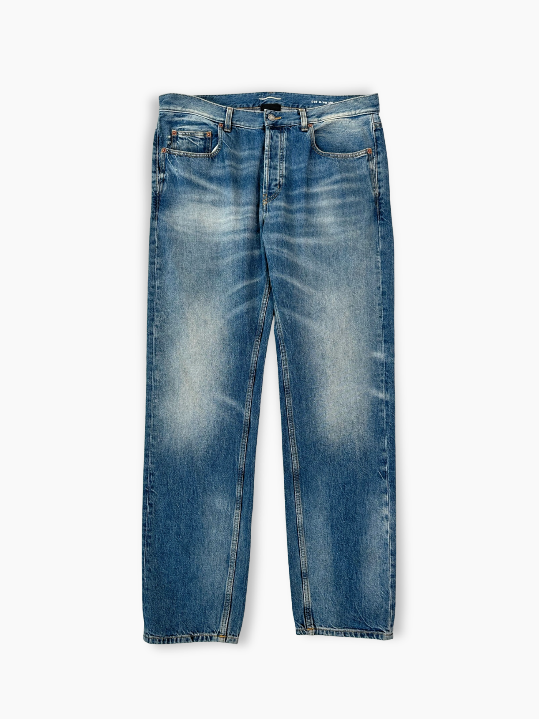 Jeans straight fit Saint Laurent in denim azzurro delavé visti frontalmente