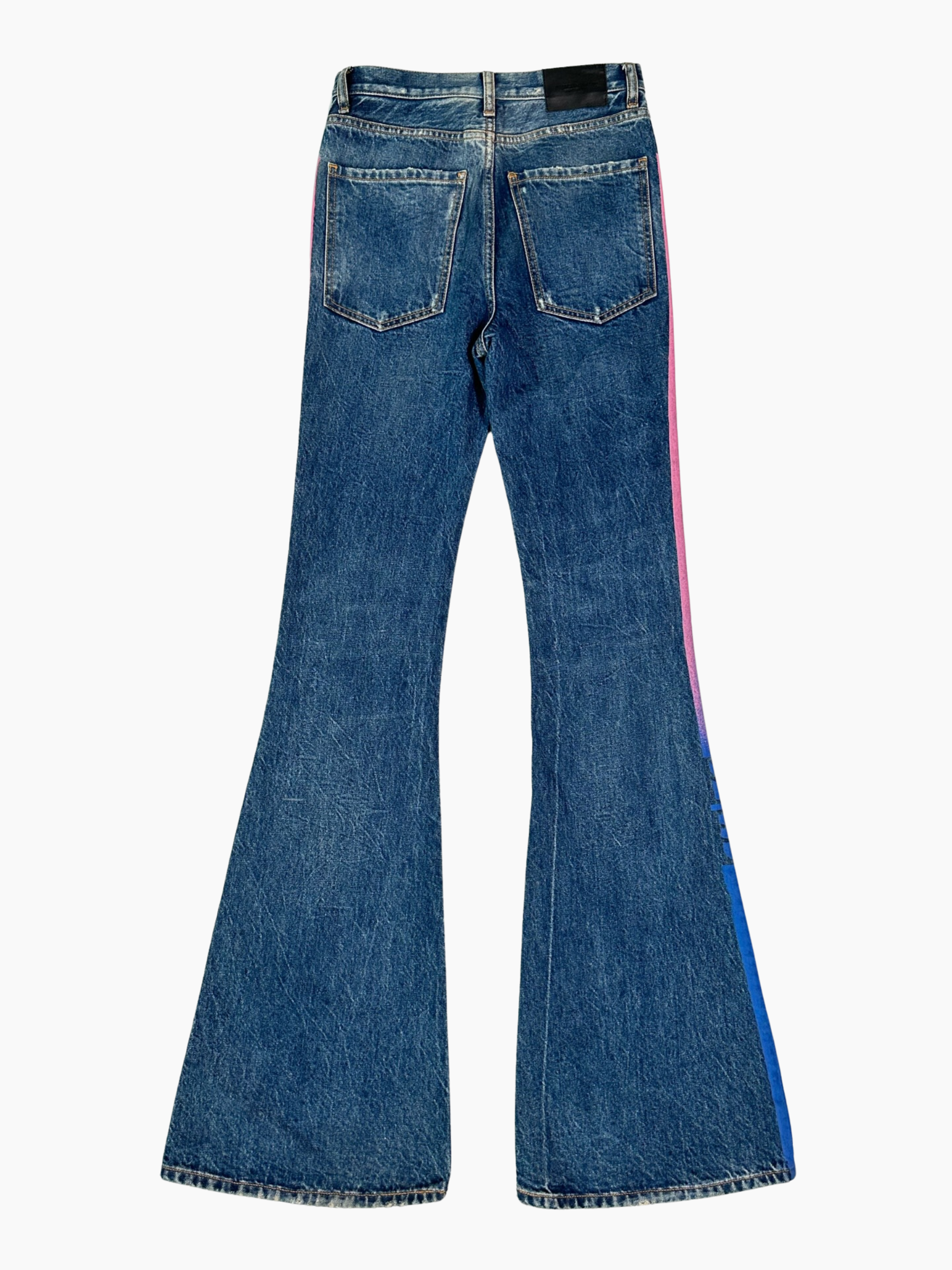 Jeans svasati blu con bande rosa e blu vista retro