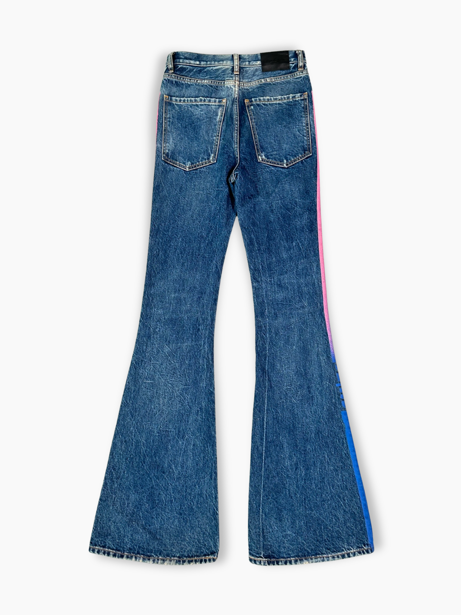 Jeans svasati blu con bande rosa e blu vista retro