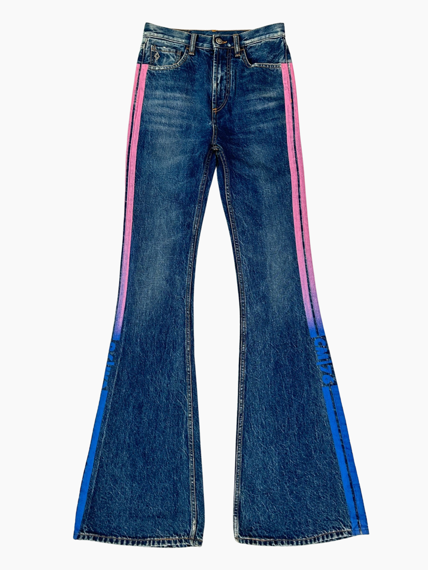 Jeans svasati blu con bande rosa e blu vista frontale