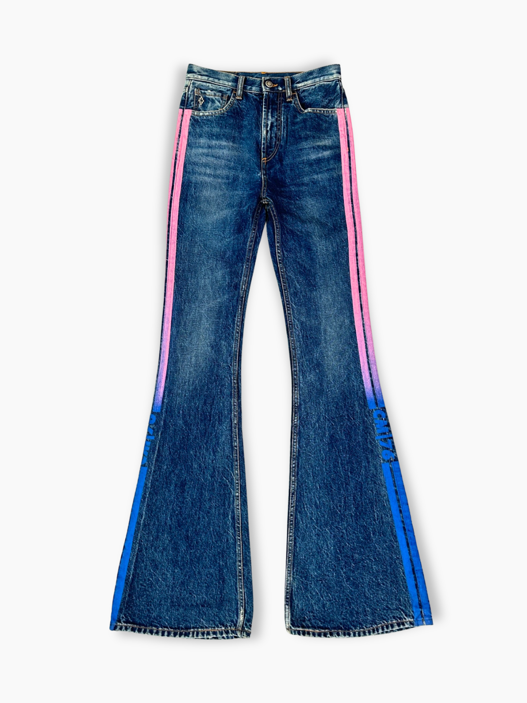 Jeans svasati blu con bande rosa e blu vista frontale