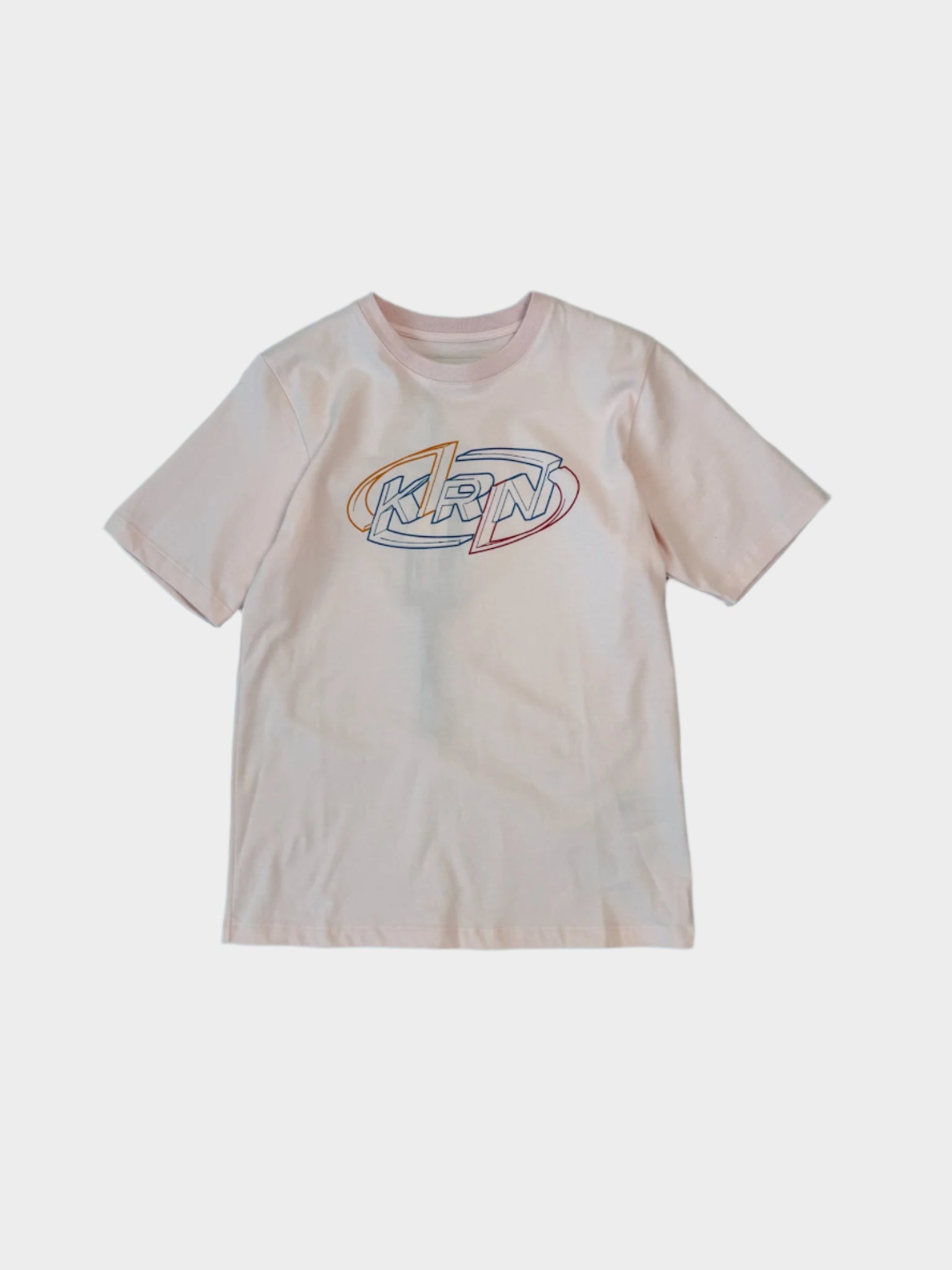 Vista frontale della T-shirt Kirin rosa con stampa multicolor logo KRN