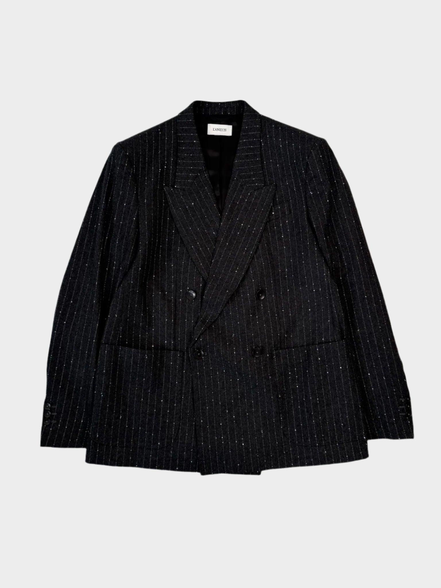 Blazer Laneus nero doppiopetto con righe gessate e filato brillante, fronte