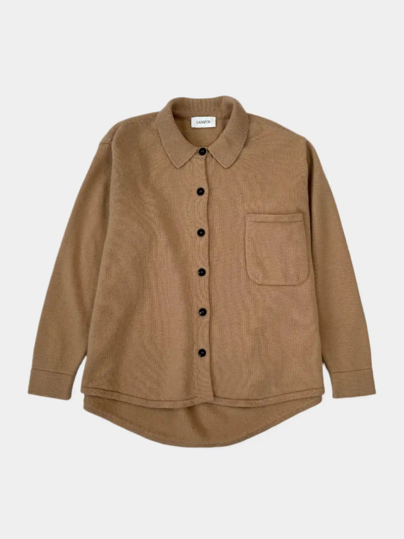  Camicia Laneus in maglia beige vista frontale con tasca e colletto