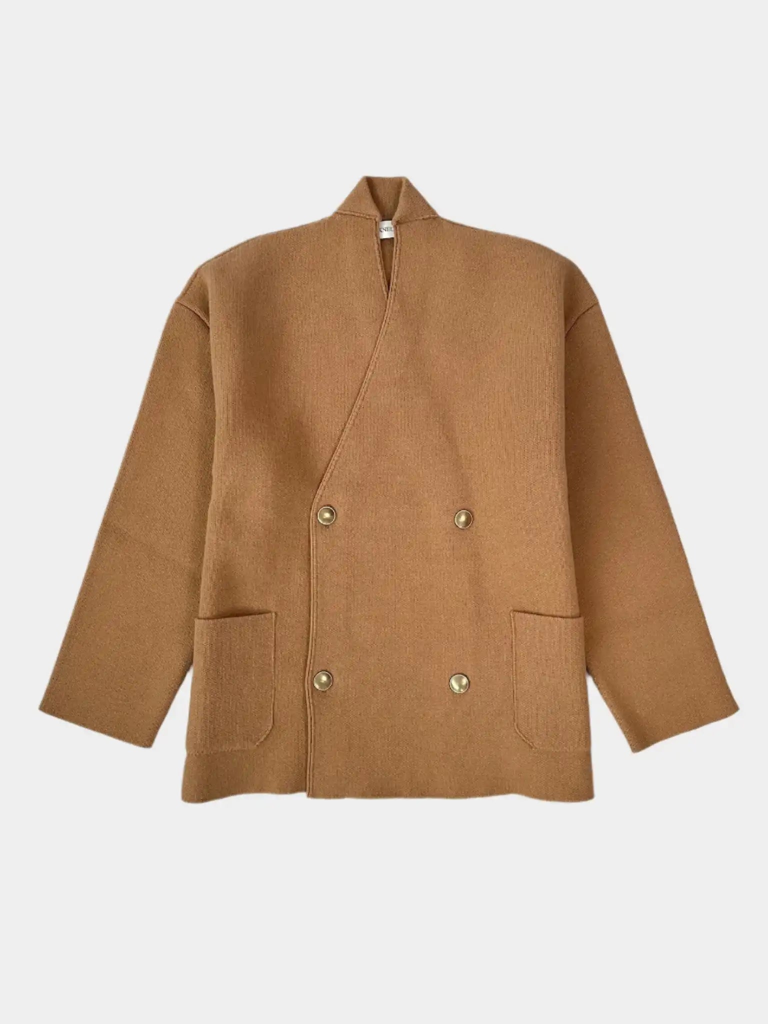cardigan cammello, cardigan doppiopetto, cardigan Laneus, cardigan in lana e cashmere, maglieria elegante, cardigan con colletto alto