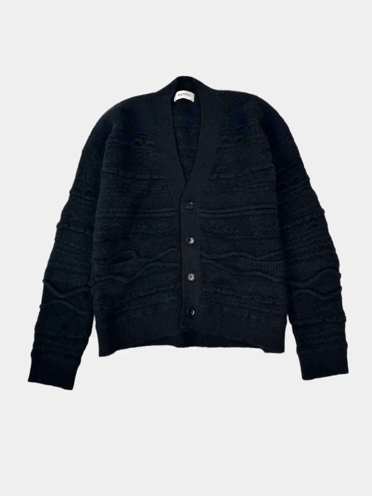 cardigan Laneus, cardigan nero, cardigan elegante, maglieria uomo, cardigan in lana, cardigan con texture, cardigan con tasche