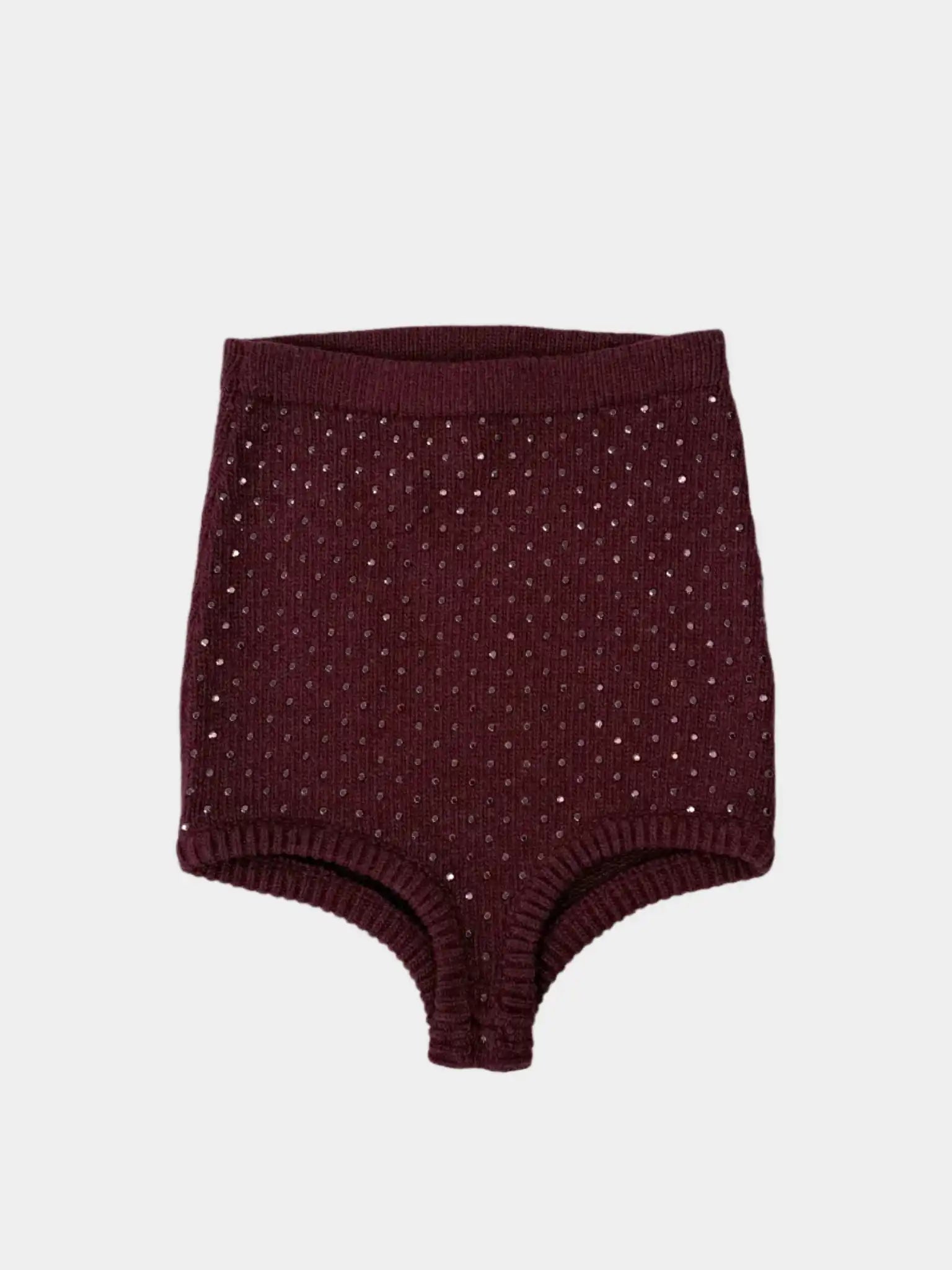 Vista frontale della coulotte Laneus in maglia bordeaux con cristalli