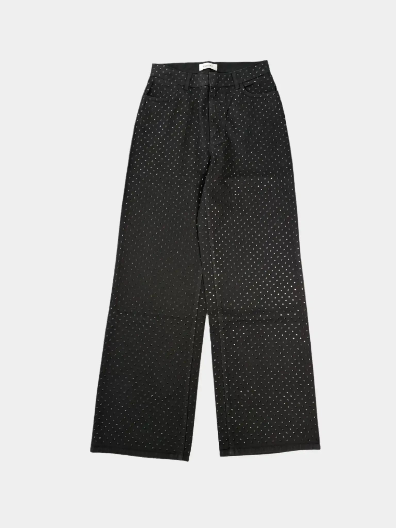Vista frontale dei pantaloni neri Laneus in maglia con borchie