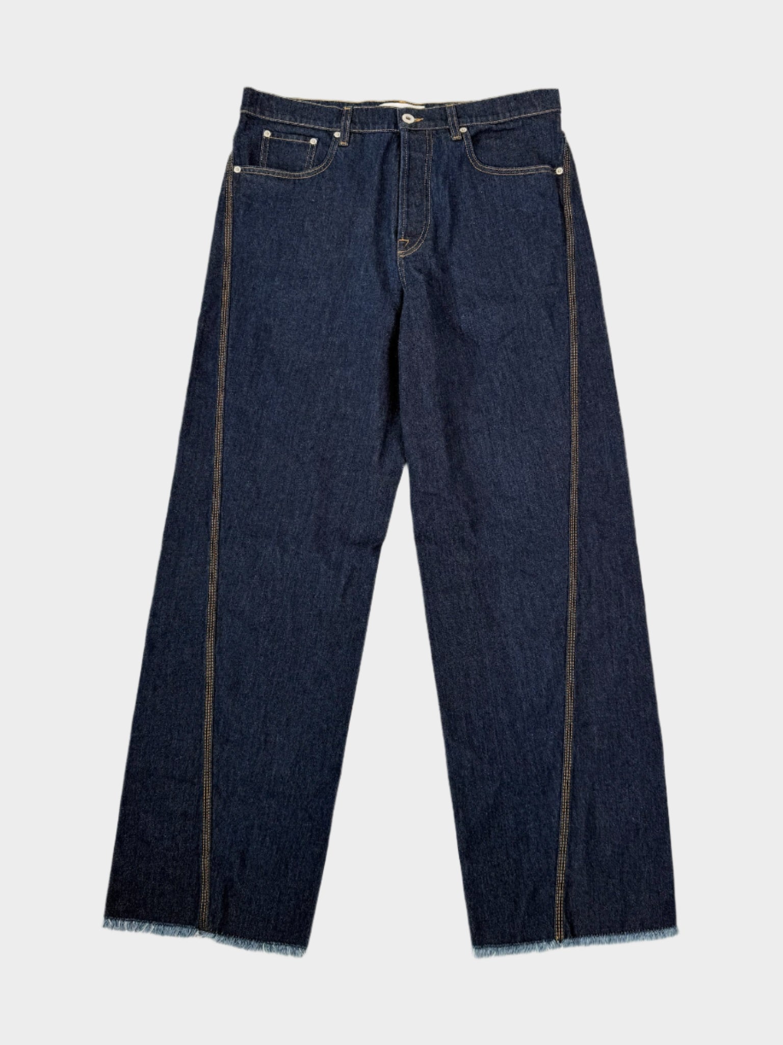 pantaloni denim Lanvin, jeans fondo sfrangiato, pantaloni cotone blu, pantaloni Lanvin uomo, jeans con cuciture a contrasto