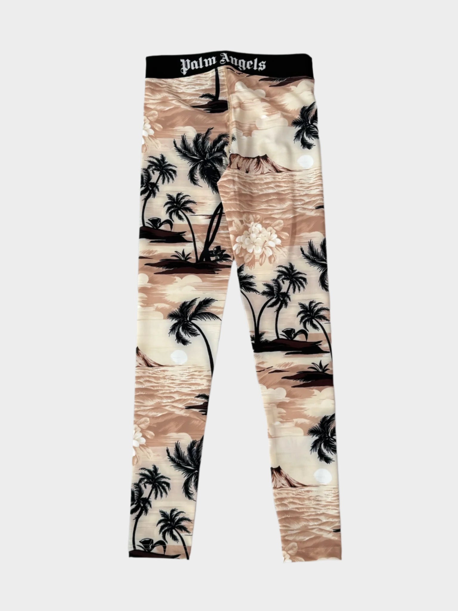 Leggings beige da donna con stampa tropicale e fascia elastica con logo Palm Angels