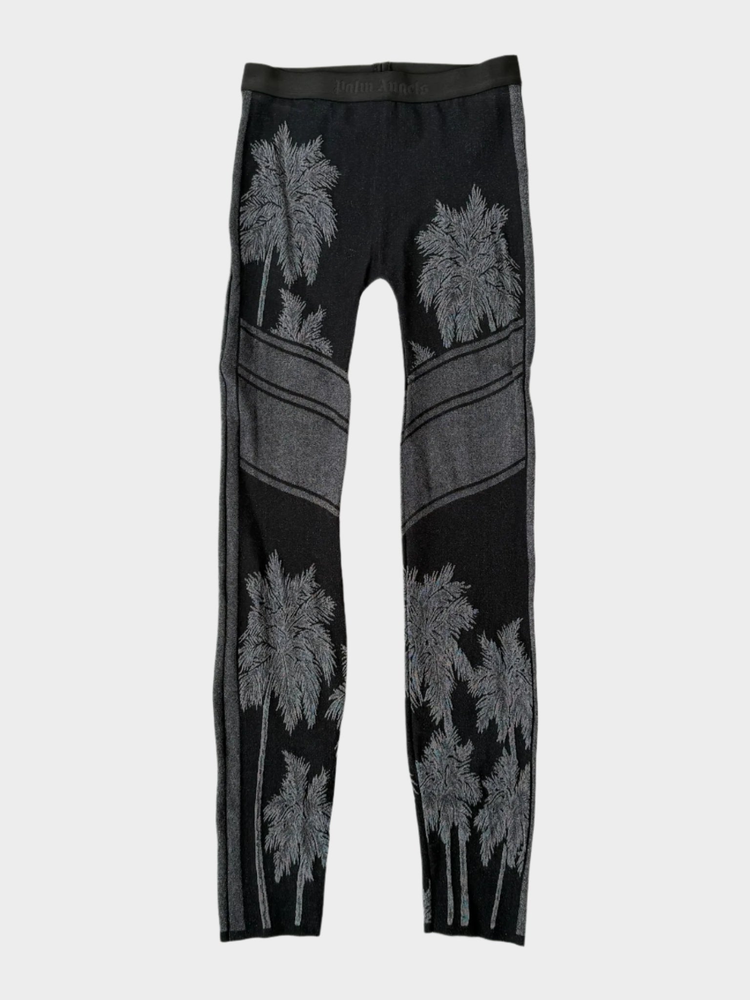Leggings neri da donna con motivo jacquard di palme e fascia logata tono su tono