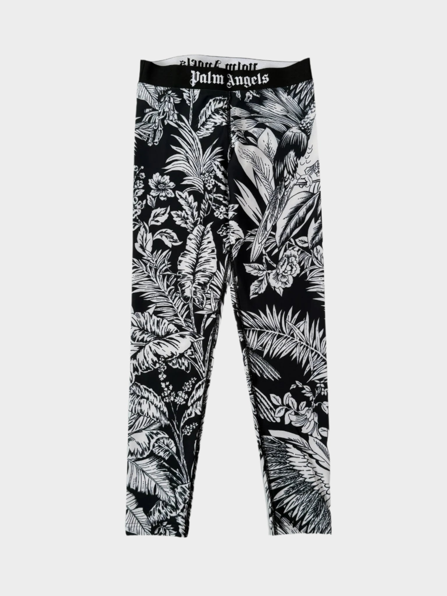 Leggings neri con stampa jungle tropicale bianca e fascia elastica con logo