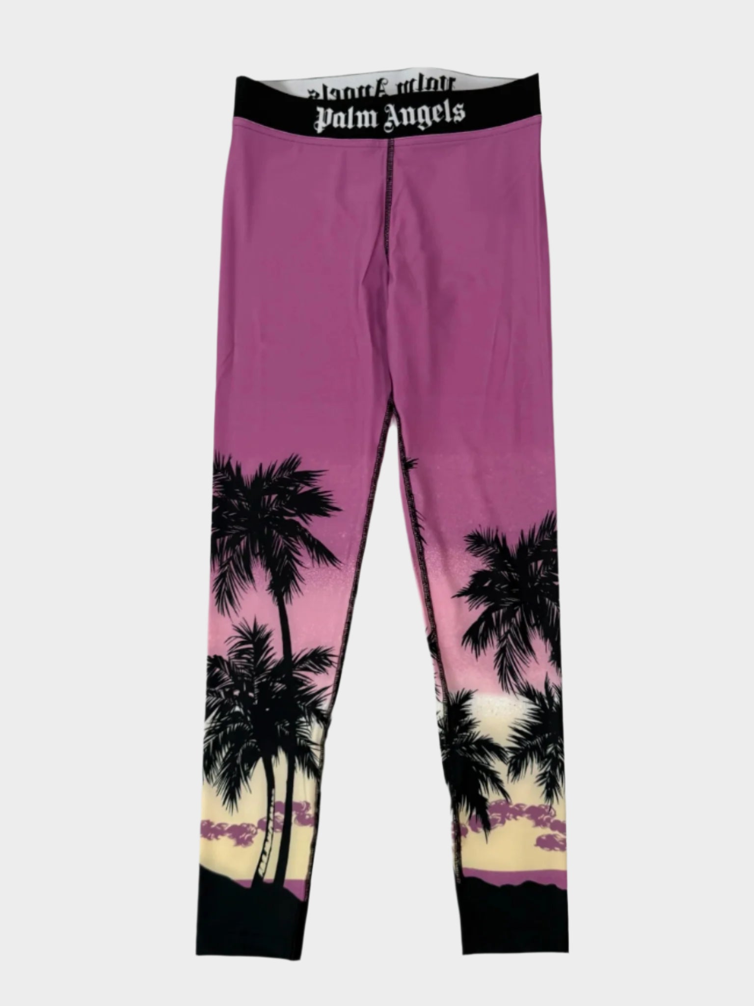 Leggings tecnici viola con stampa palme in stile tramonto, vita elasticizzata e fit aderente