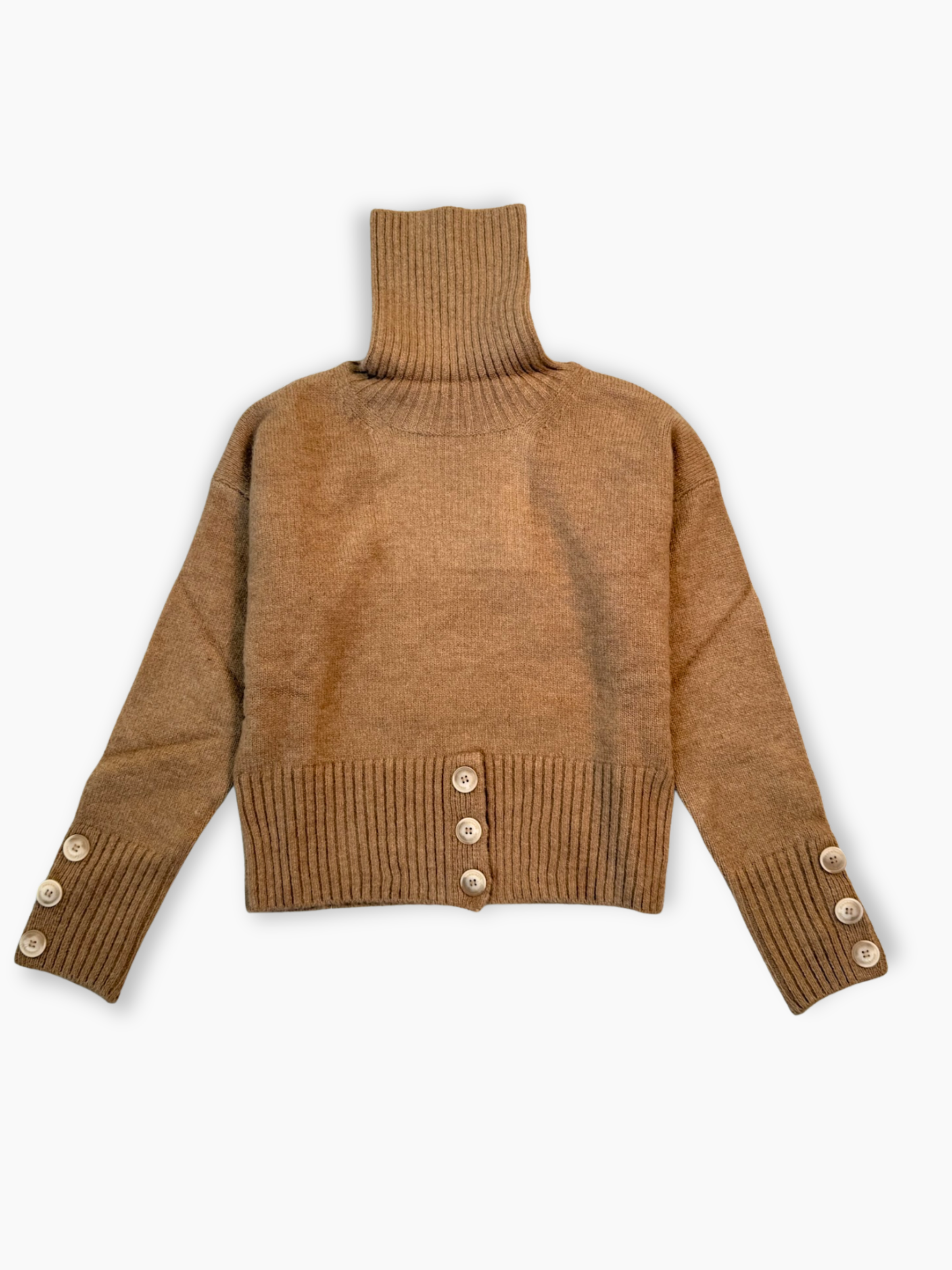 Maglia Hinnominate a collo alto color cammello con bottoni decorativi su fondo e polsini