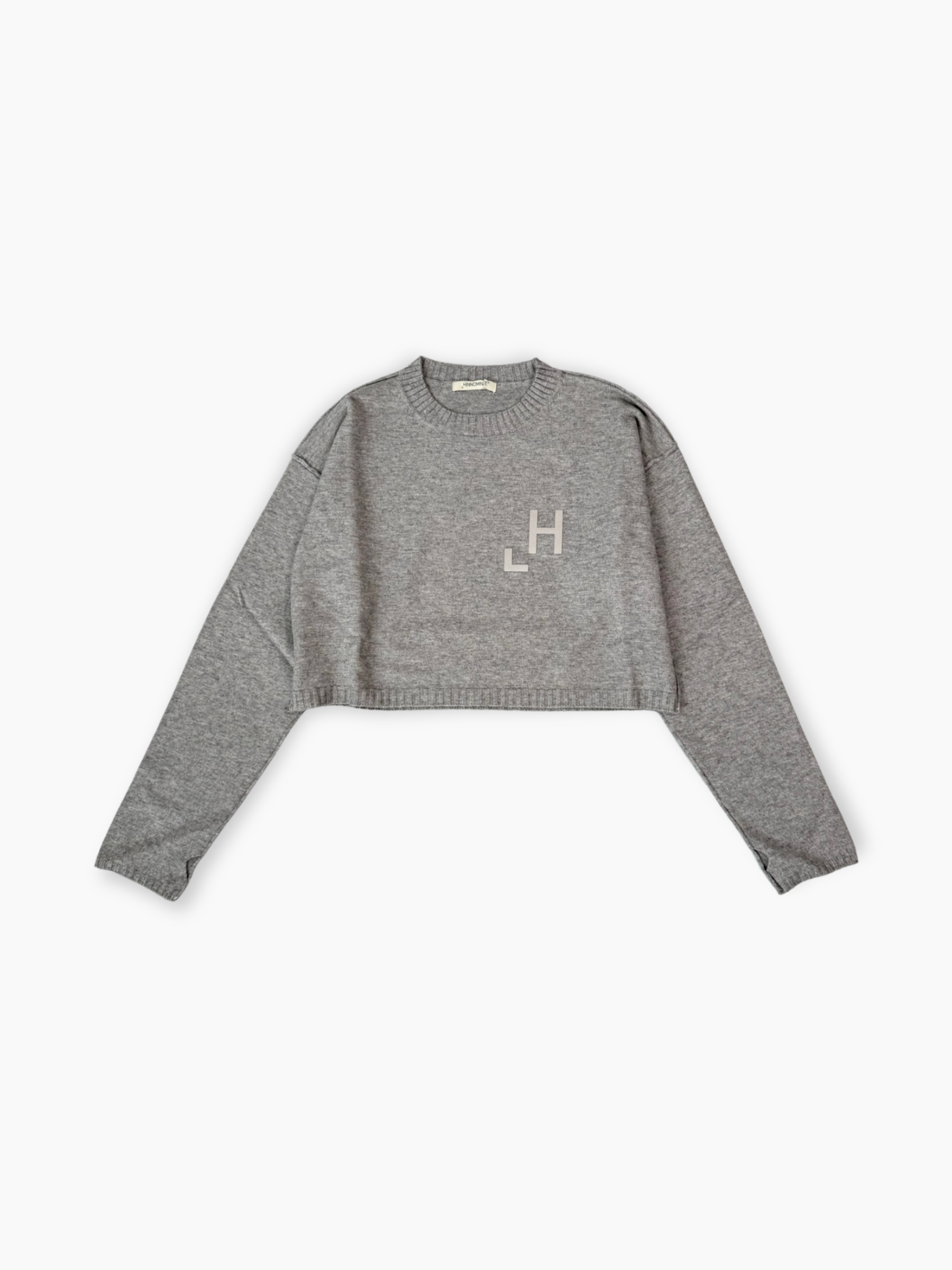 Maglia cropped grigia Hinnominate con stampa flock tono su tono vista frontale