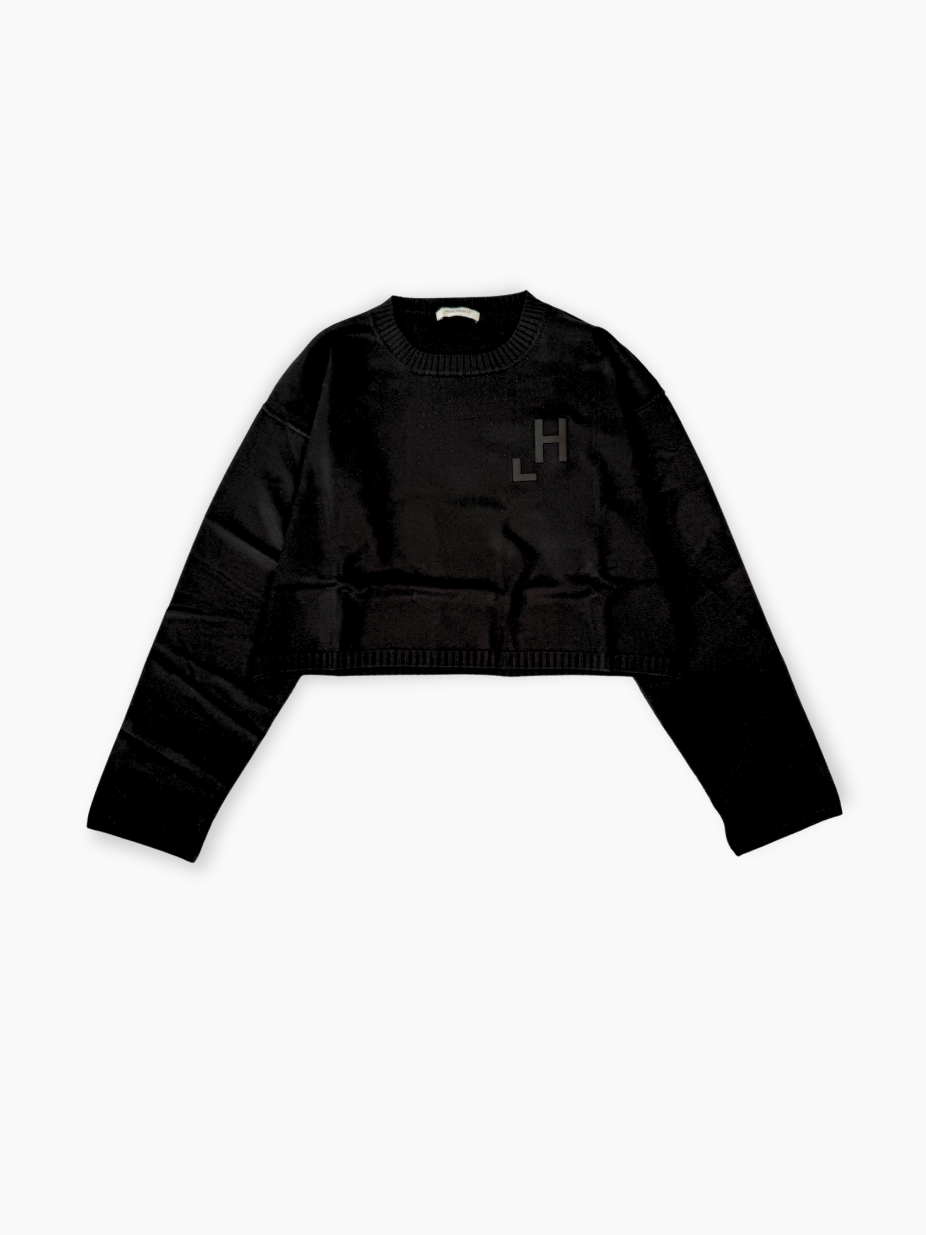 Maglia cropped nera Hinnominate con stampa flock tono su tono vista frontale