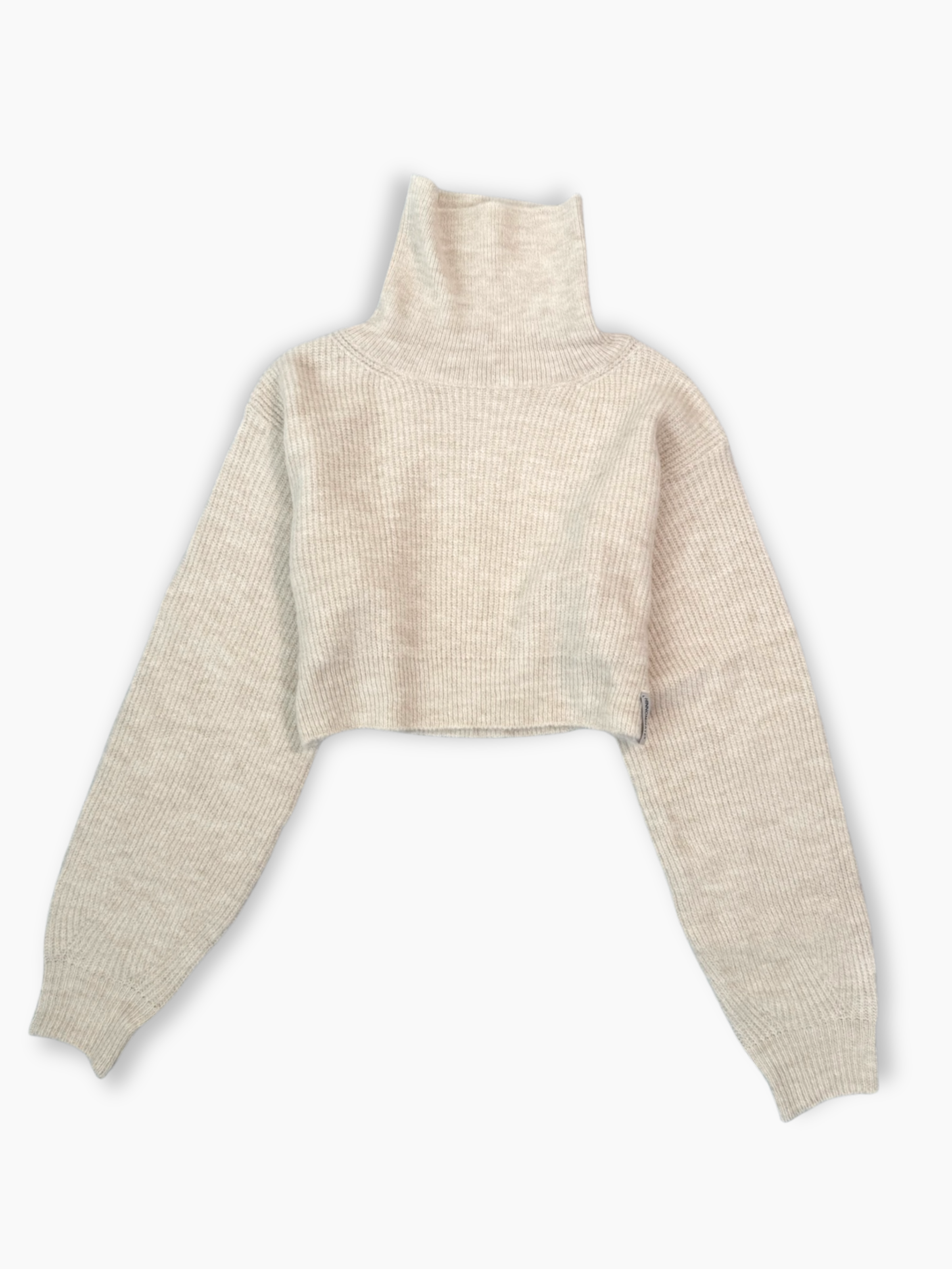 Maglia cropped Hinnominate beige a collo alto vista frontale