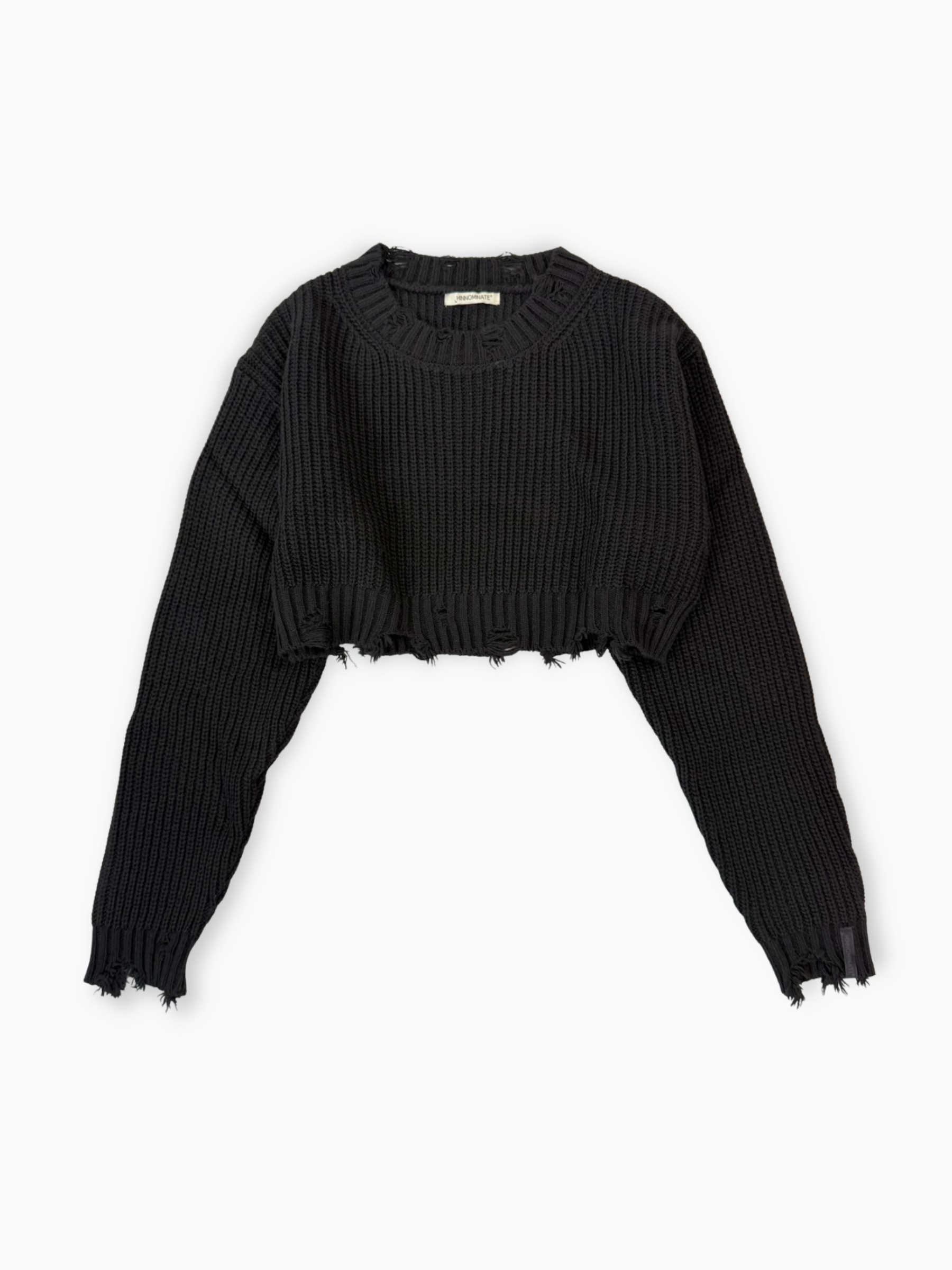 Maglia nera cropped in maglia con dettagli effetto destroyed vista frontale