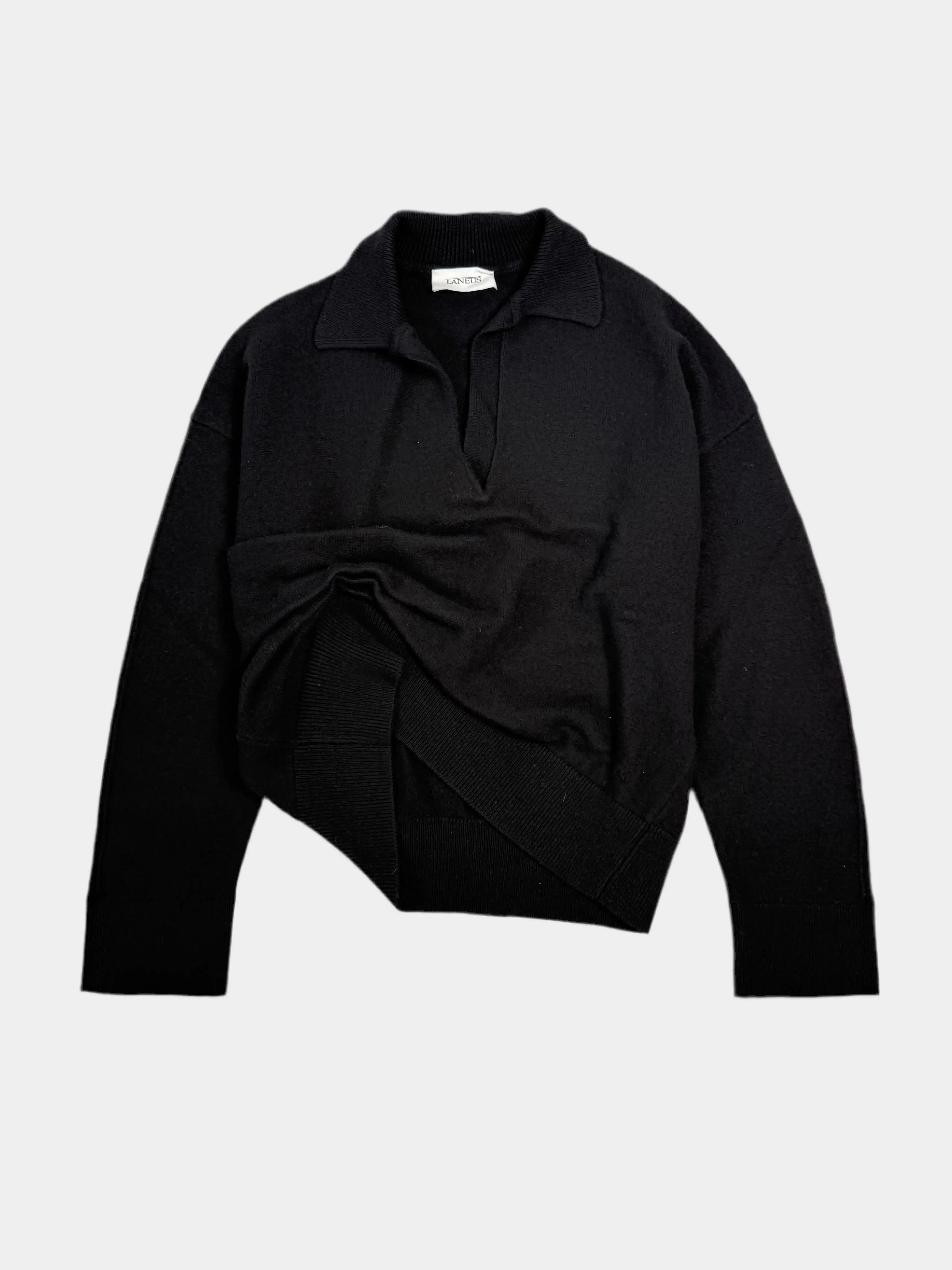 Maglia nera Laneus in lana con colletto a polo e orlo a costine