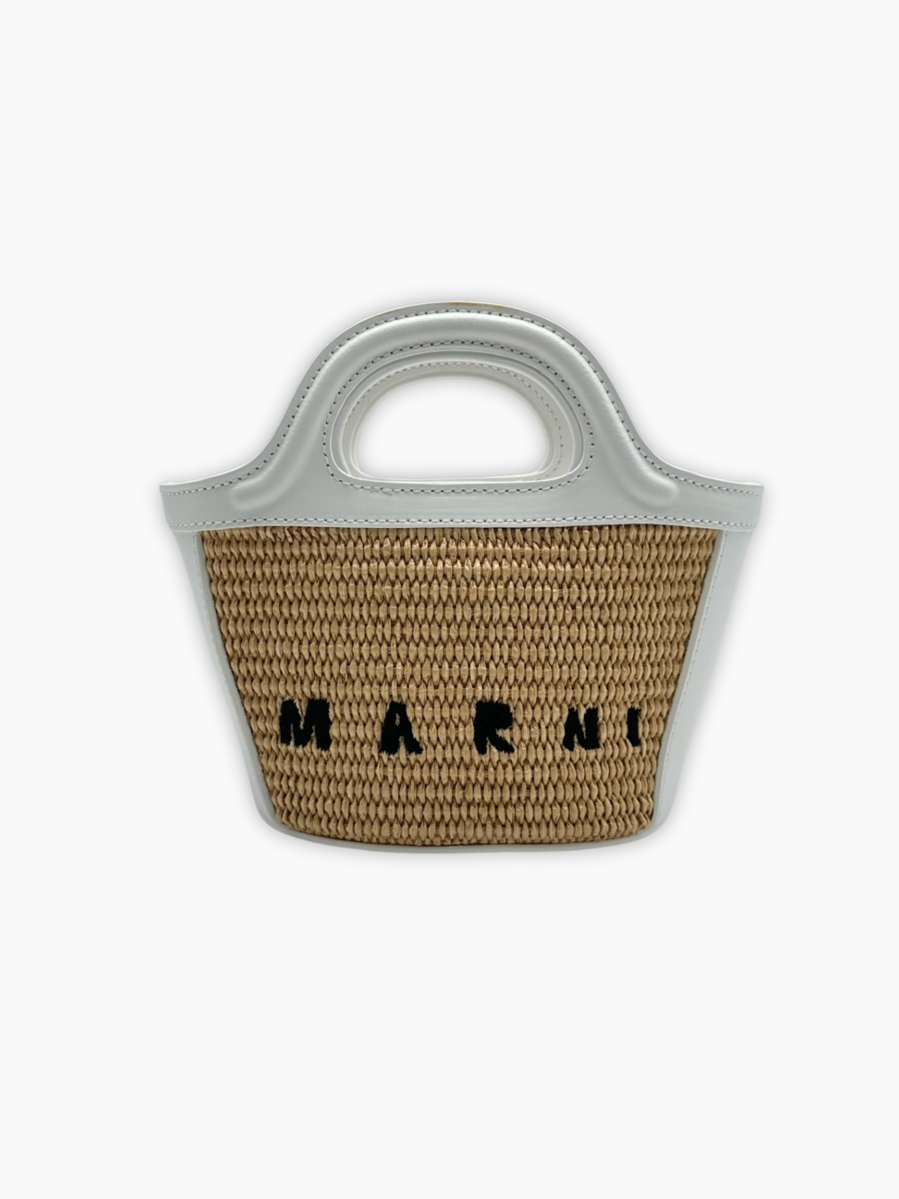 Borsa cestino beige Marni con profili in pelle bianca e logo ricamato vista frontale