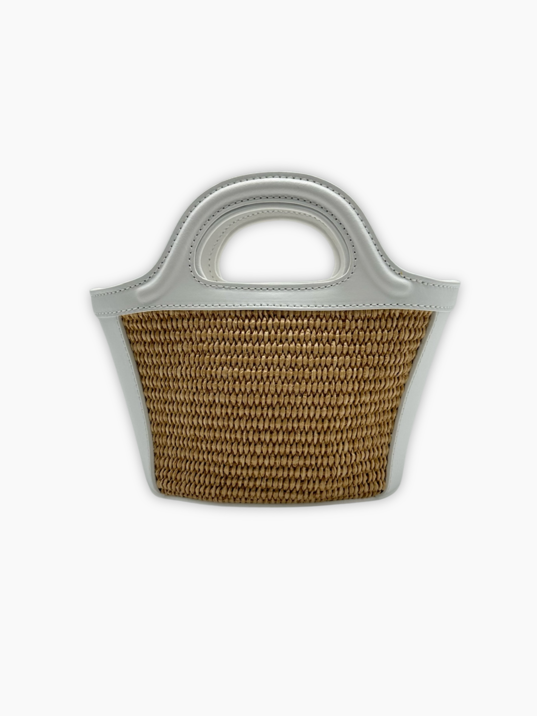 Borsa cestino beige Marni con manici in pelle bianca vista laterale con tracolla